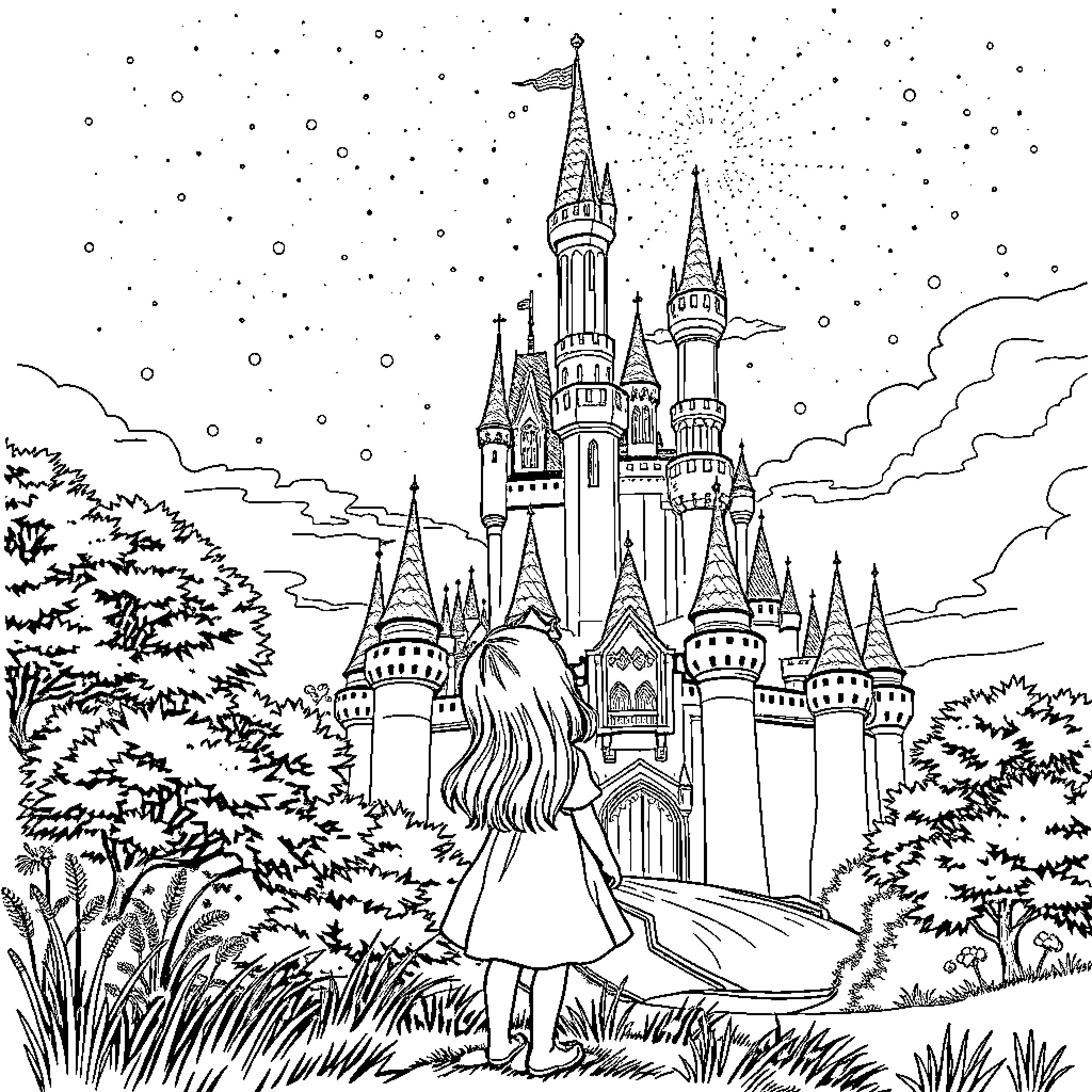 Girl Gazing at Magical Castle in the Snow Coloring Page (free black-and-white line drawing printable PDF for all, from beginners to advanced learners, including children, teens, adults, and seniors)