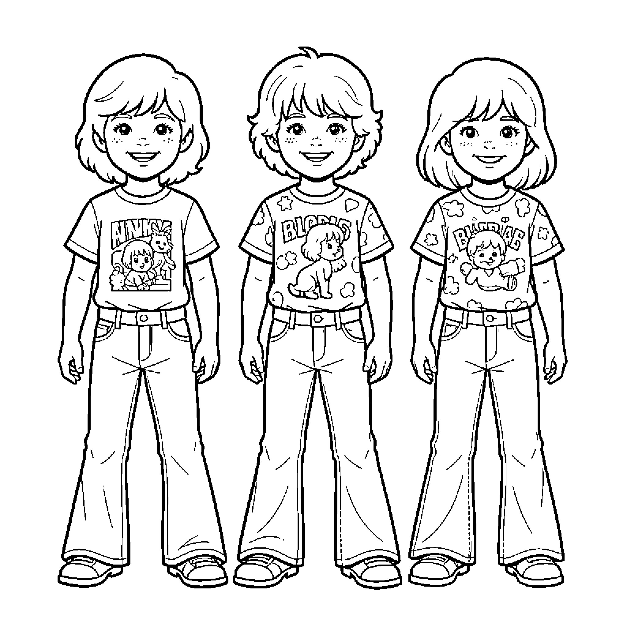 Kid characters standing together in casual outfits Coloring Page (free black-and-white line drawing printable PDF for all, from beginners to advanced learners, including children, teens, adults, and seniors)