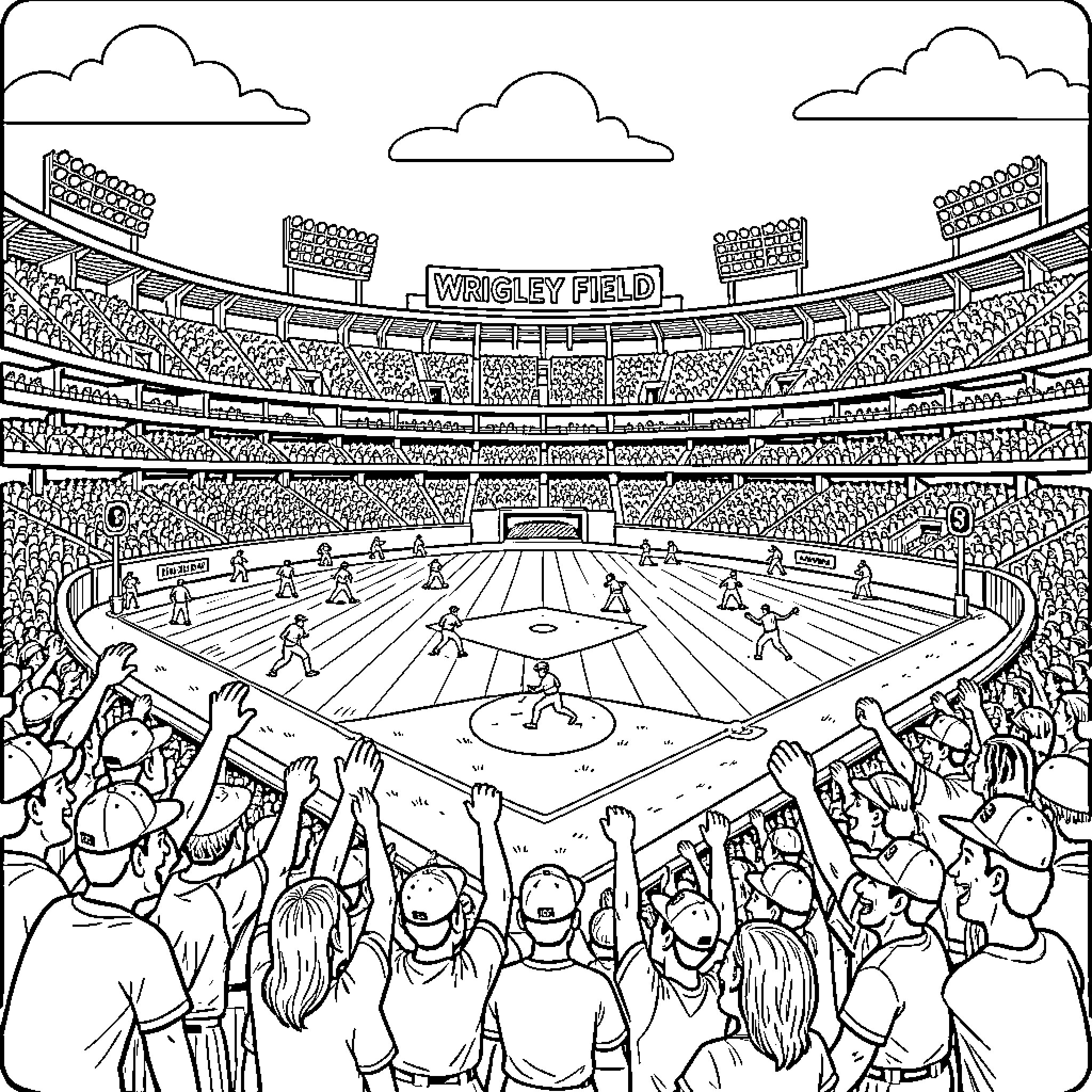 Wrigley Field baseball game with cheering crowds Coloring Page (free black-and-white line drawing printable PDF for all, from beginners to advanced learners, including children, teens, adults, and seniors)