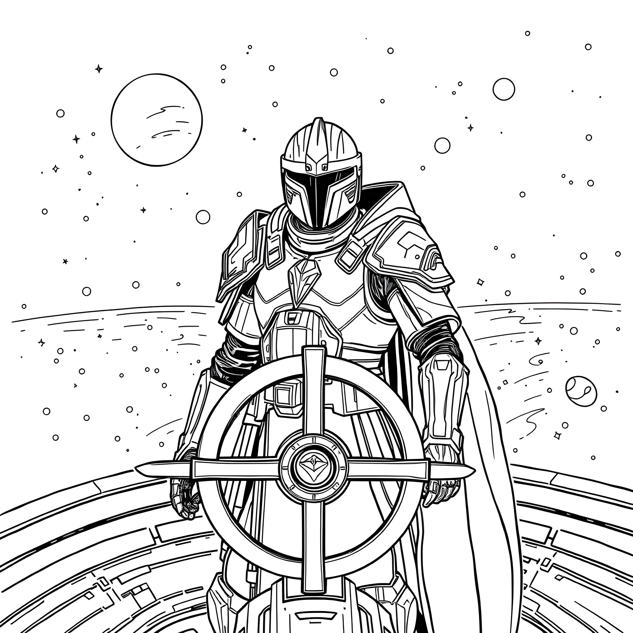 Guardian of the Cosmos Coloring Page (free black-and-white line drawing printable PDF for all, from beginners to advanced learners, including children, teens, adults, and seniors)