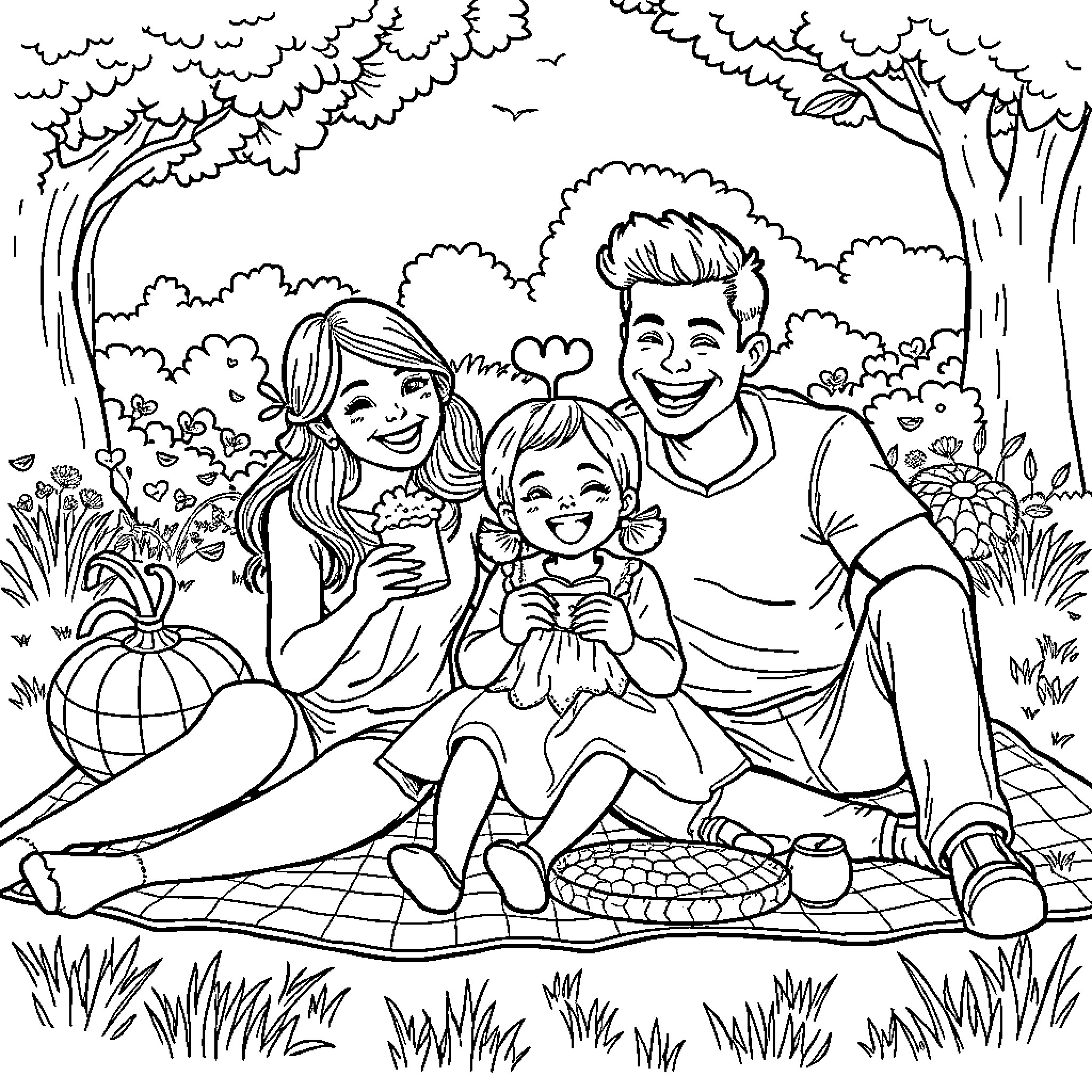 Family Enjoying Outdoor Picnic in Nature Coloring Page (free black-and-white line drawing printable PDF for all, from beginners to advanced learners, including children, teens, adults, and seniors)