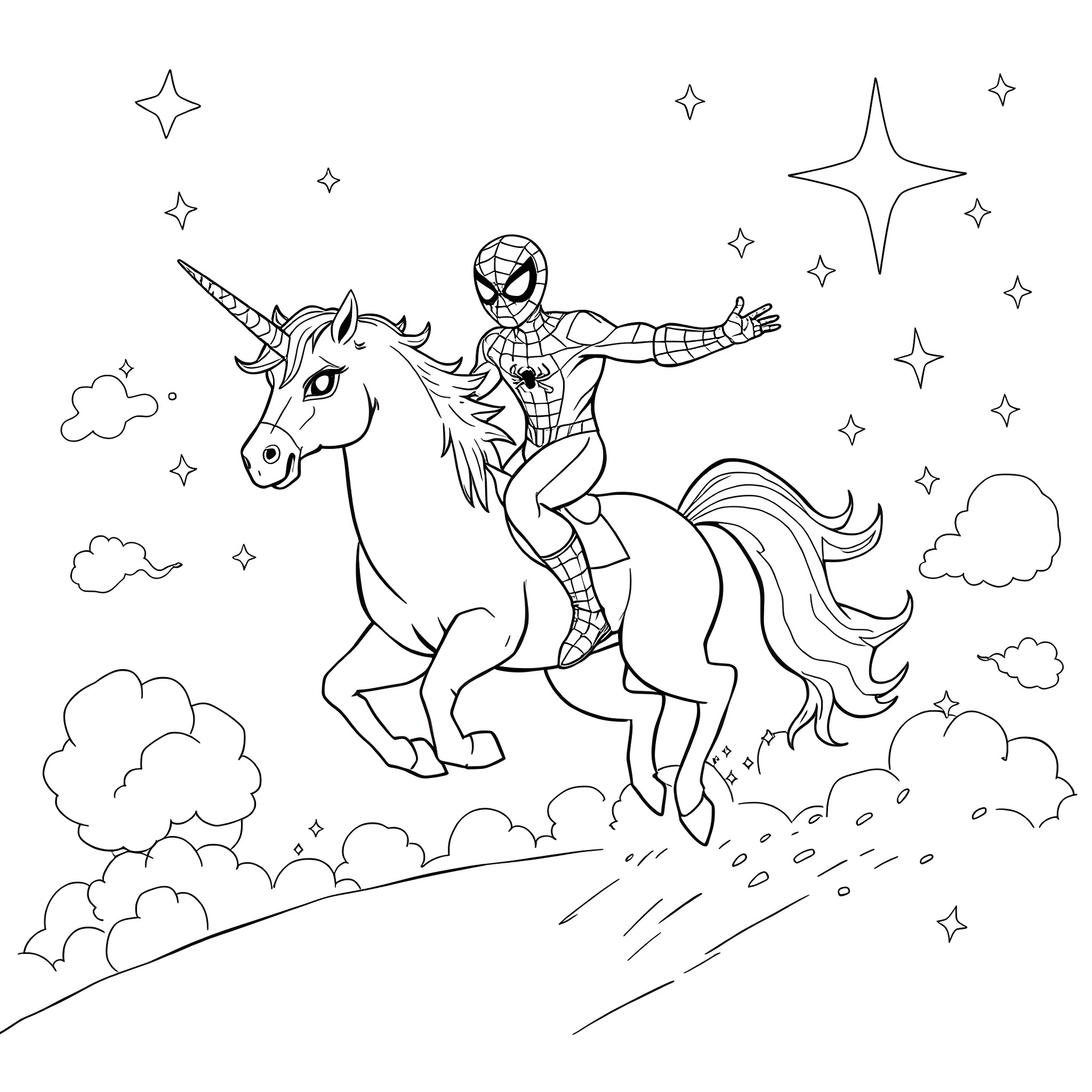 Spiderman riding a majestic unicorn in a starry sky Coloring Page (free black-and-white line drawing printable PDF for all, from beginners to advanced learners, including children, teens, adults, and seniors)