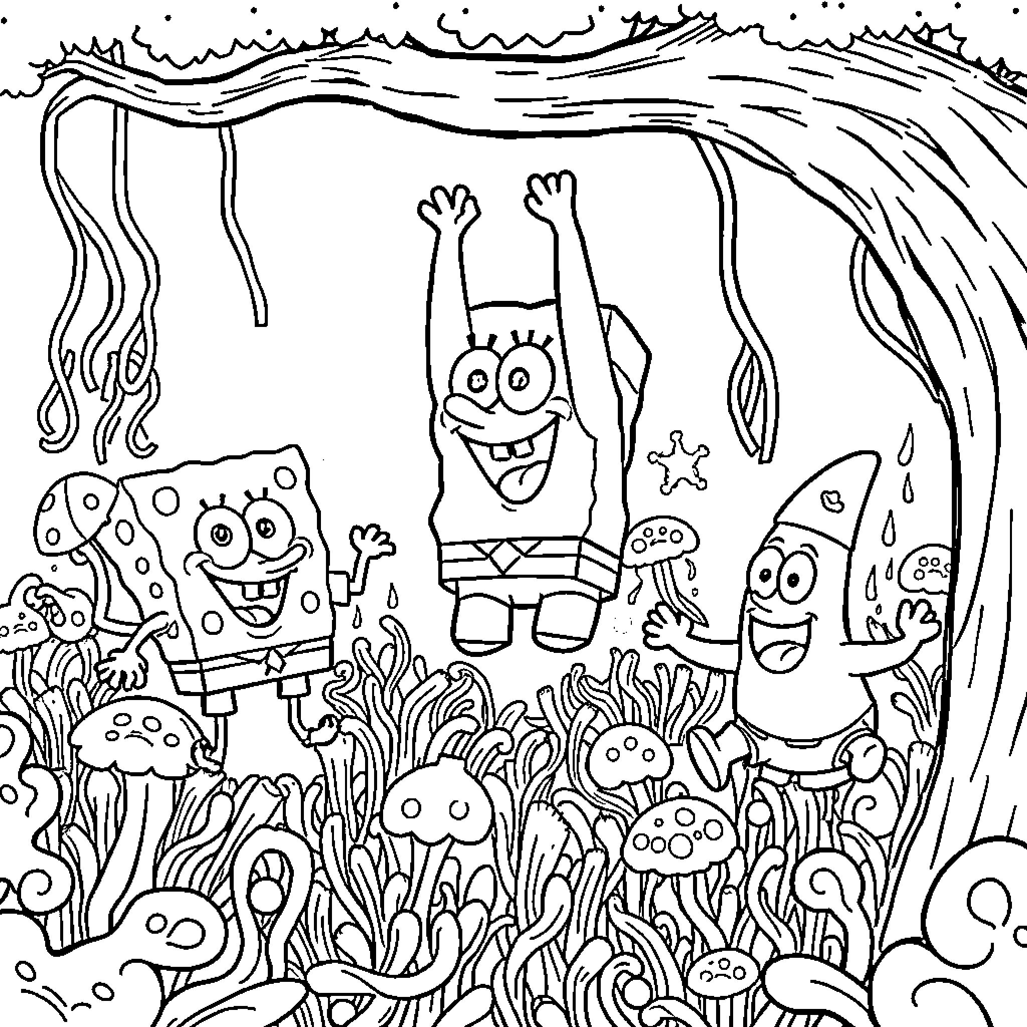 Spongebob and friends exploring the underwater world Coloring Page (free black-and-white line drawing printable PDF for all, from beginners to advanced learners, including children, teens, adults, and seniors)