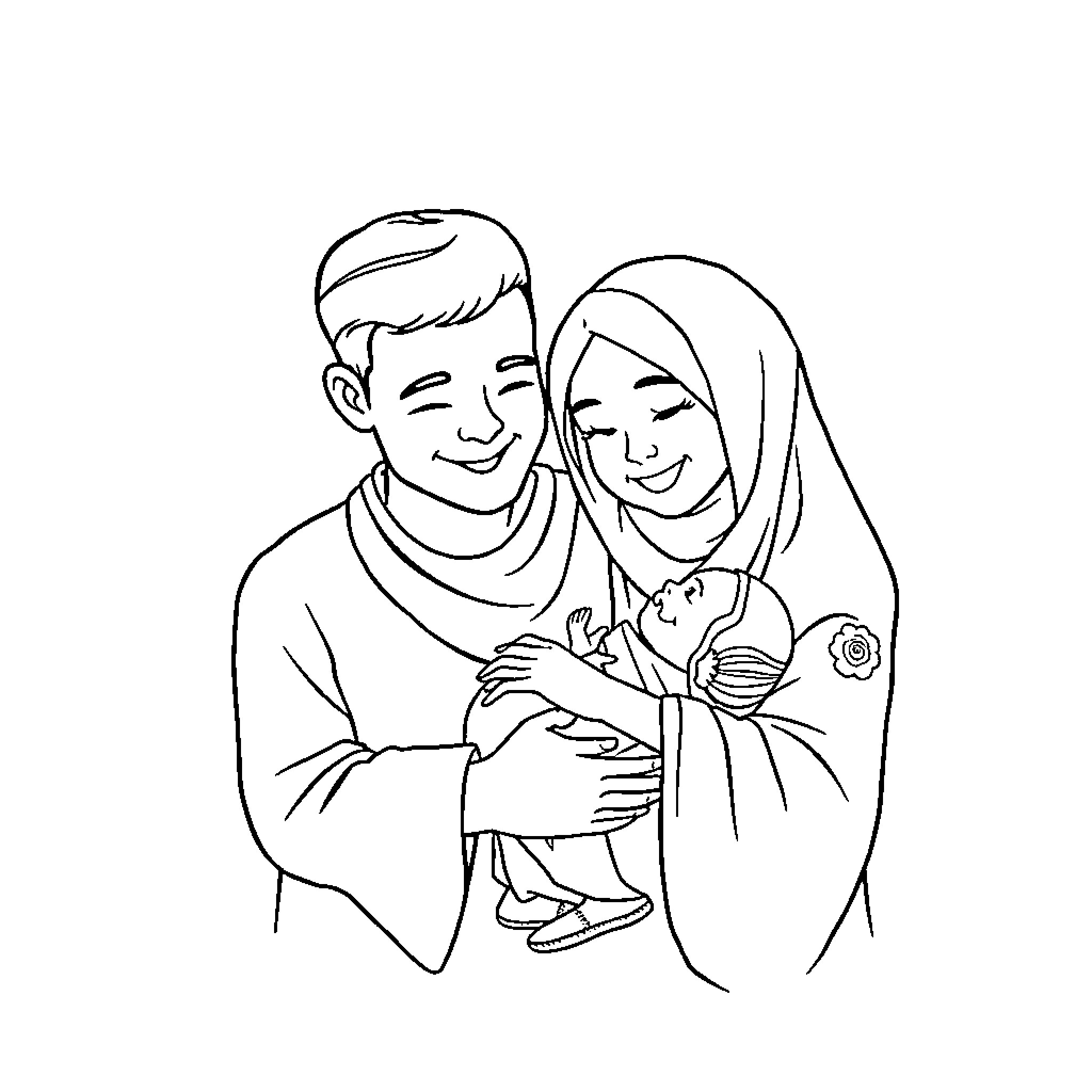 Family Portrait of Loving Parents with Infant Coloring Page (free black-and-white line drawing printable PDF for all, from beginners to advanced learners, including children, teens, adults, and seniors)