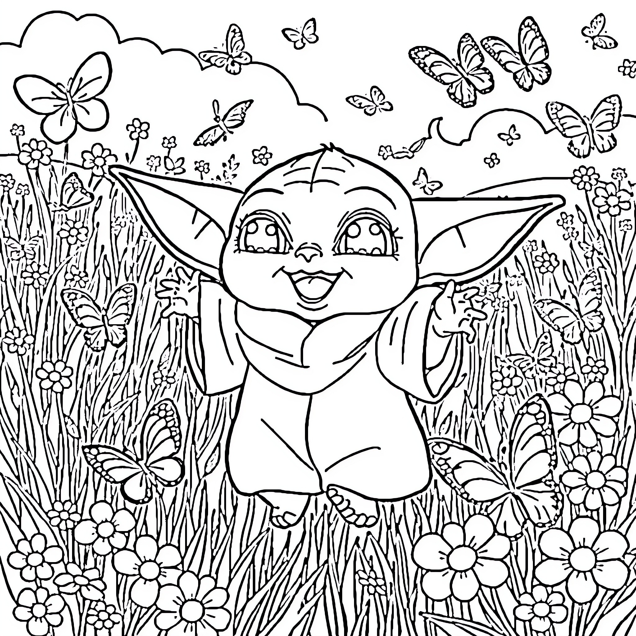 Baby Yoda playing joyfully among butterflies and flowers Coloring Page (free black-and-white line drawing printable PDF for all, from beginners to advanced learners, including children, teens, adults, and seniors)
