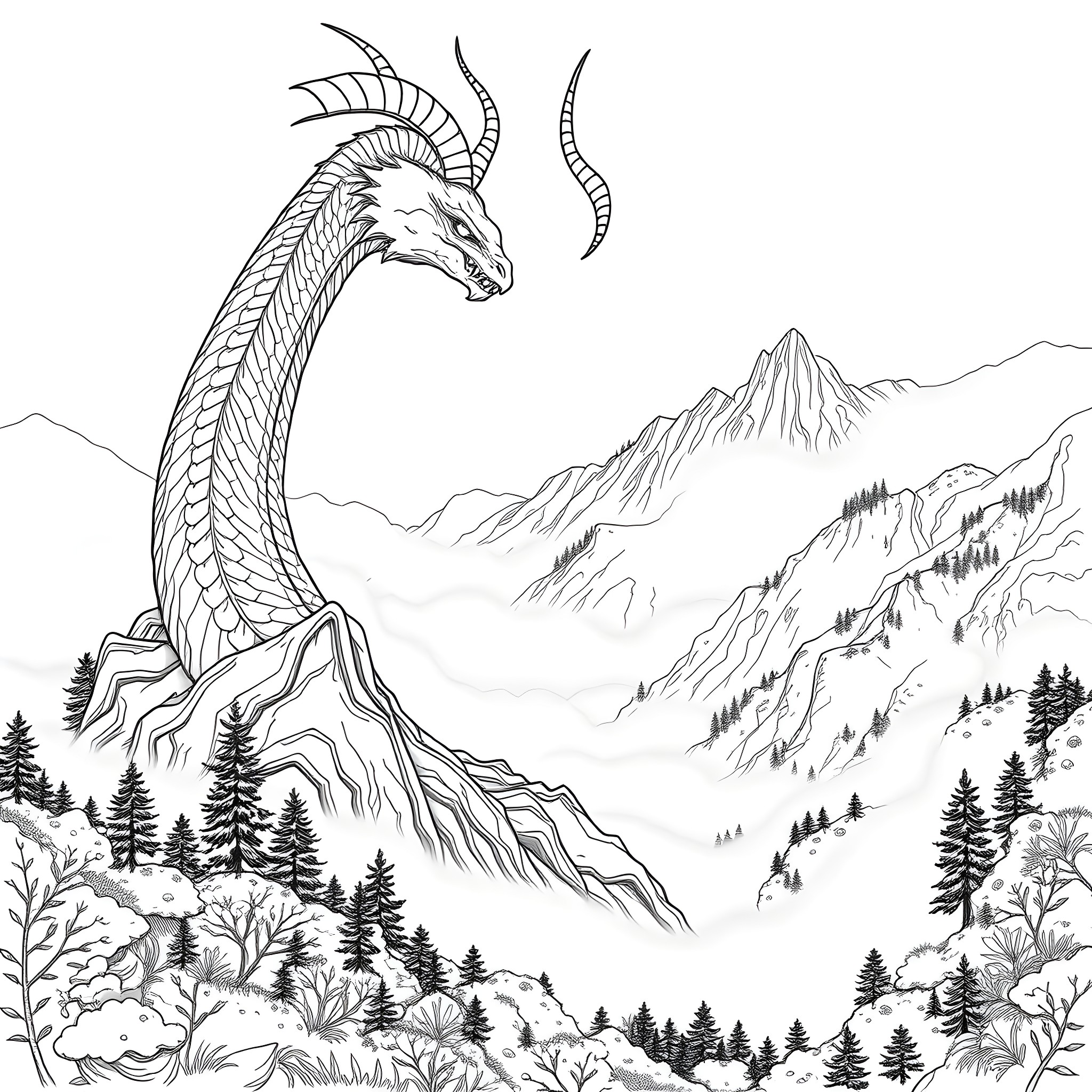 Uktena, the Majestic Serpent in the Mountain Wilderness Coloring Page (free black-and-white line drawing printable PDF for all, from beginners to advanced learners, including children, teens, adults, and seniors)