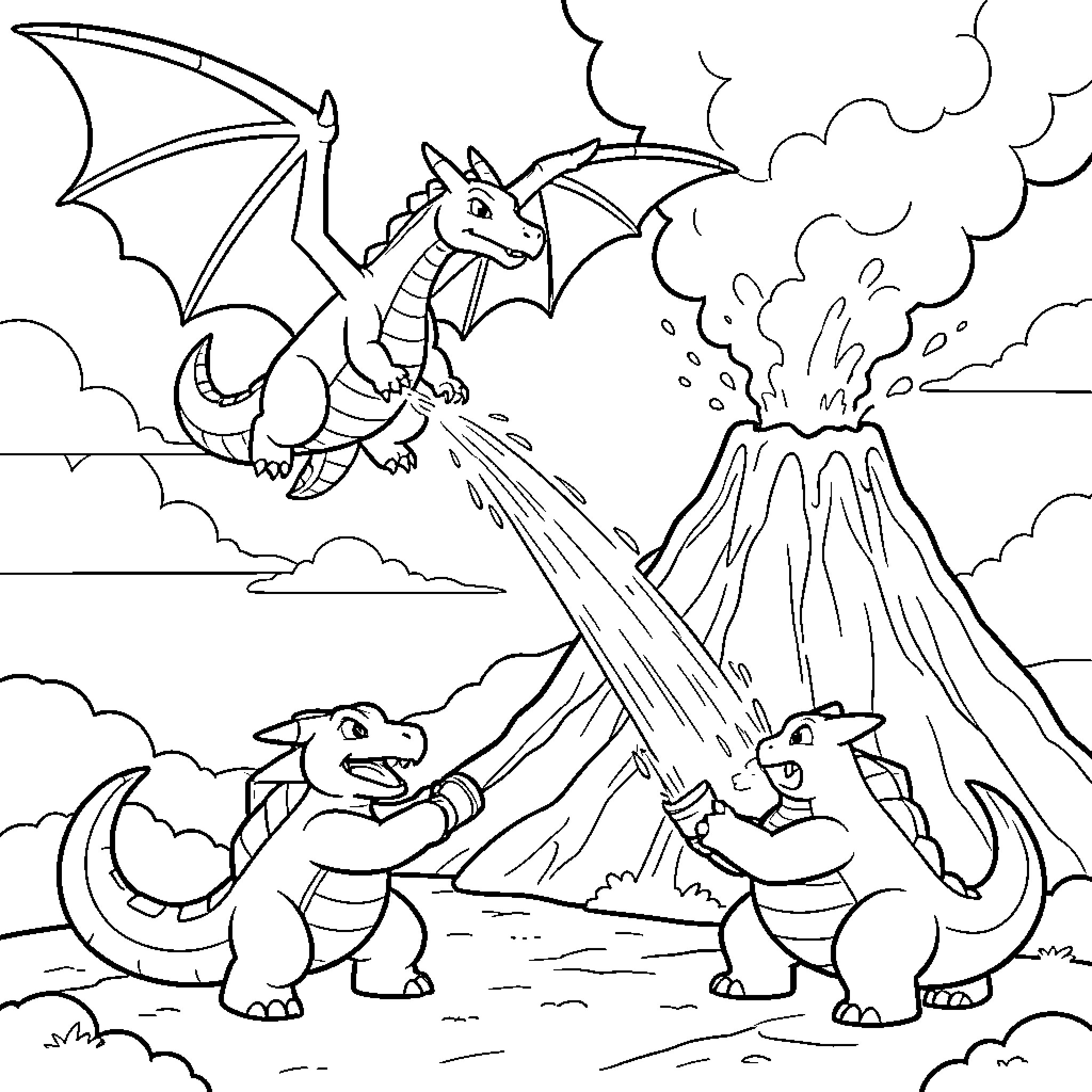 Charizard battling against other dragons near a volcano Coloring Page (free black-and-white line drawing printable PDF for all, from beginners to advanced learners, including children, teens, adults, and seniors)