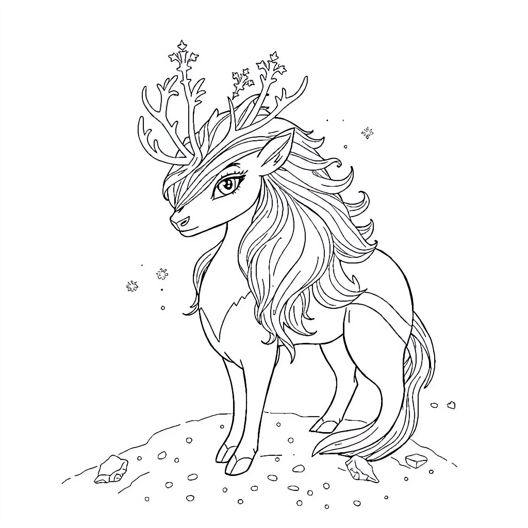 Snow Queen's Majestic Unicorn in Winter Wonderland Coloring Page (free black-and-white line drawing printable PDF for all, from beginners to advanced learners, including children, teens, adults, and seniors)