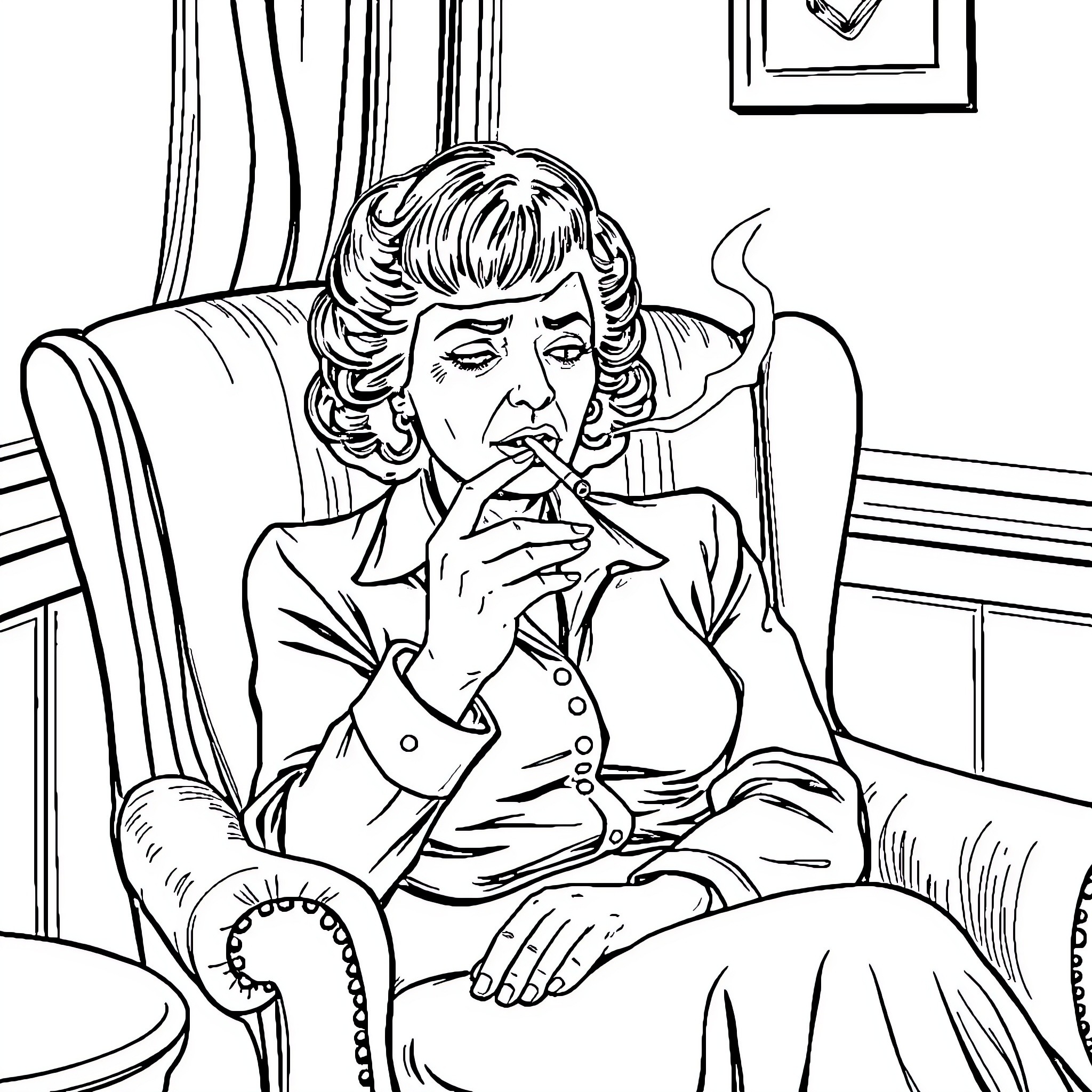 Grandmother relaxing in her armchair Coloring Page (free black-and-white line drawing printable PDF for all, from beginners to advanced learners, including children, teens, adults, and seniors)