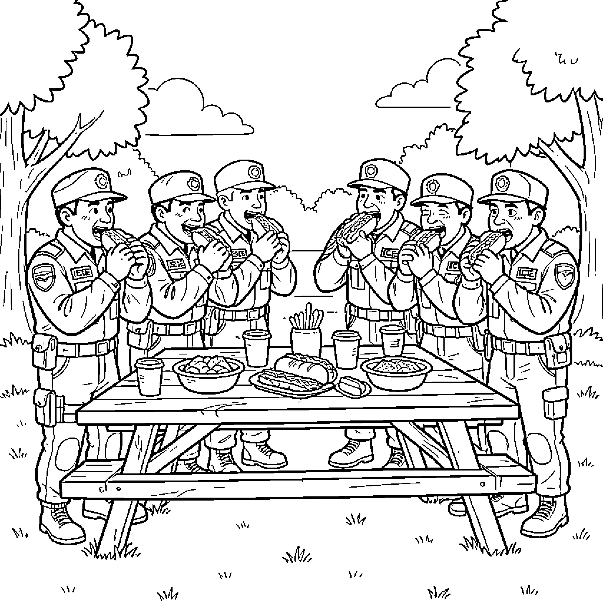 Ice Agent Soldiers Enjoying Meal Together in the Field Coloring Page (free black-and-white line drawing printable PDF for all, from beginners to advanced learners, including children, teens, adults, and seniors)
