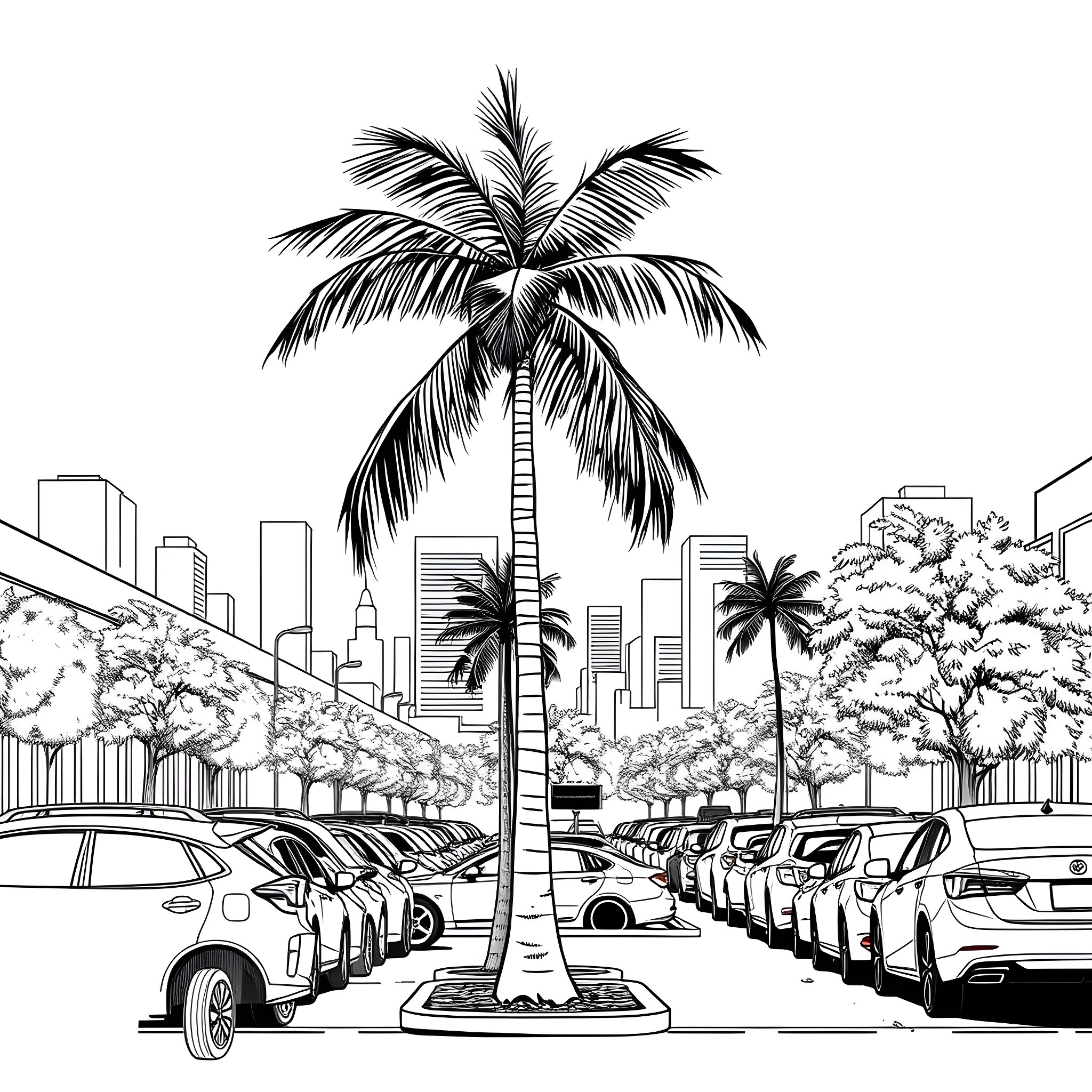 Palm Tree in Bustling City Landscape Coloring Page (free black-and-white line drawing printable PDF for all, from beginners to advanced learners, including children, teens, adults, and seniors)