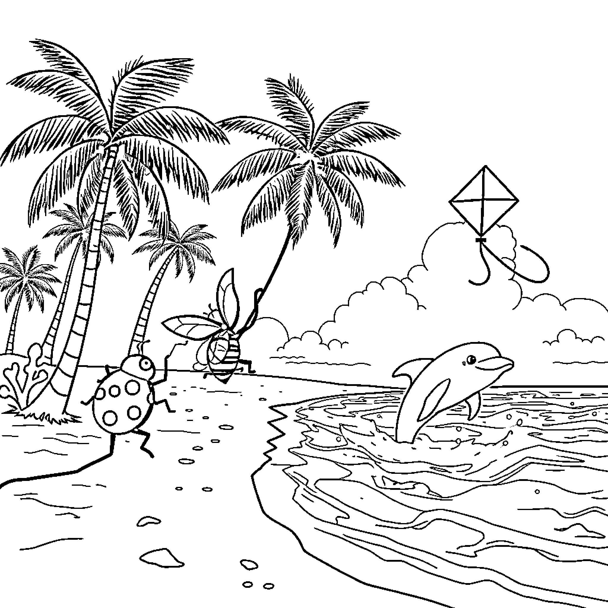 Ladybug exploring tropical beach with palm trees and kite Coloring Page (free black-and-white line drawing printable PDF for all, from beginners to advanced learners, including children, teens, adults, and seniors)