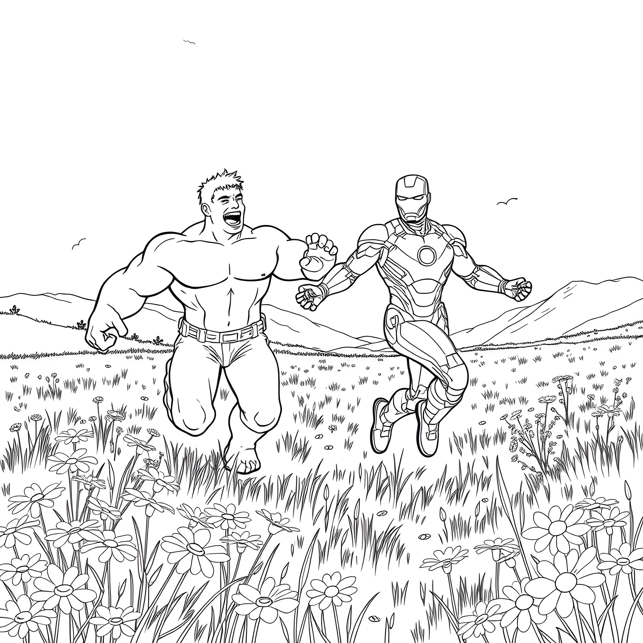 Hulk and Iron Man battling in a scenic field Coloring Page (free black-and-white line drawing printable PDF for all, from beginners to advanced learners, including children, teens, adults, and seniors)
