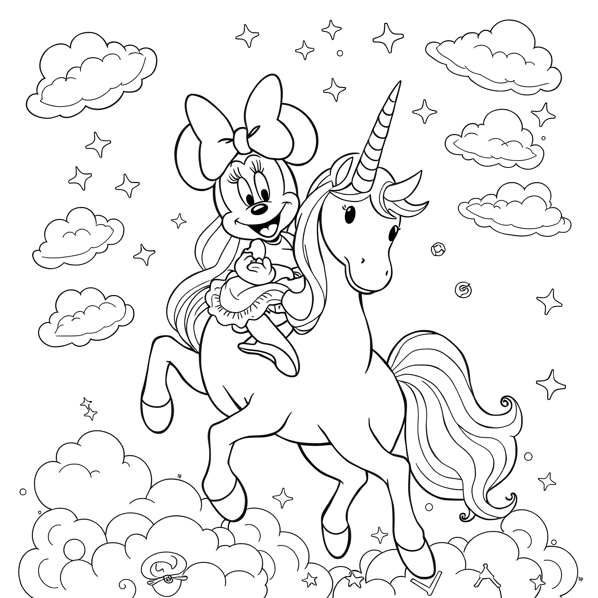 Minnie Mouse riding a magical unicorn in the sky Coloring Page (free black-and-white line drawing printable PDF for all, from beginners to advanced learners, including children, teens, adults, and seniors)