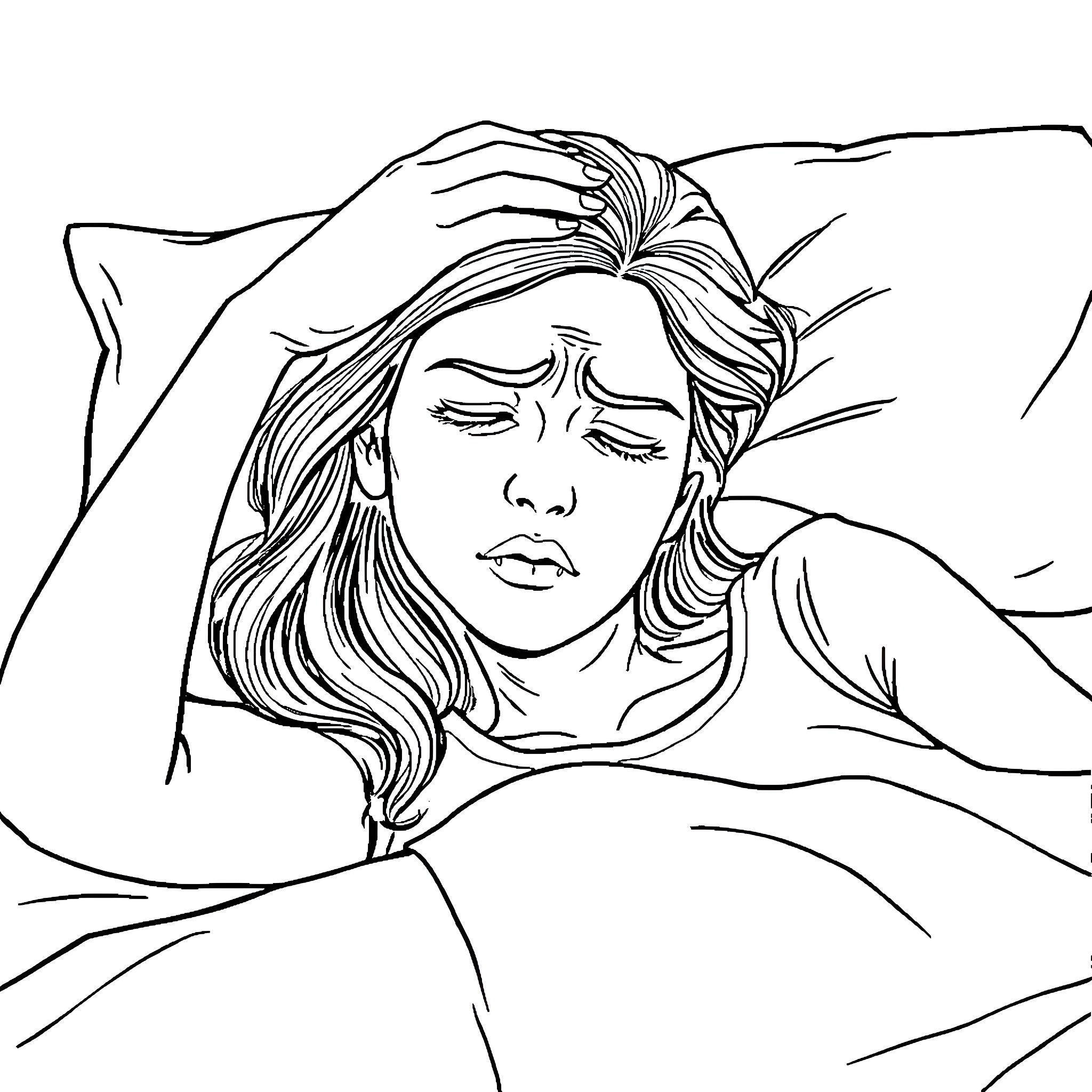 Lady resting peacefully on the bed Coloring Page (free black-and-white line drawing printable PDF for all, from beginners to advanced learners, including children, teens, adults, and seniors)
