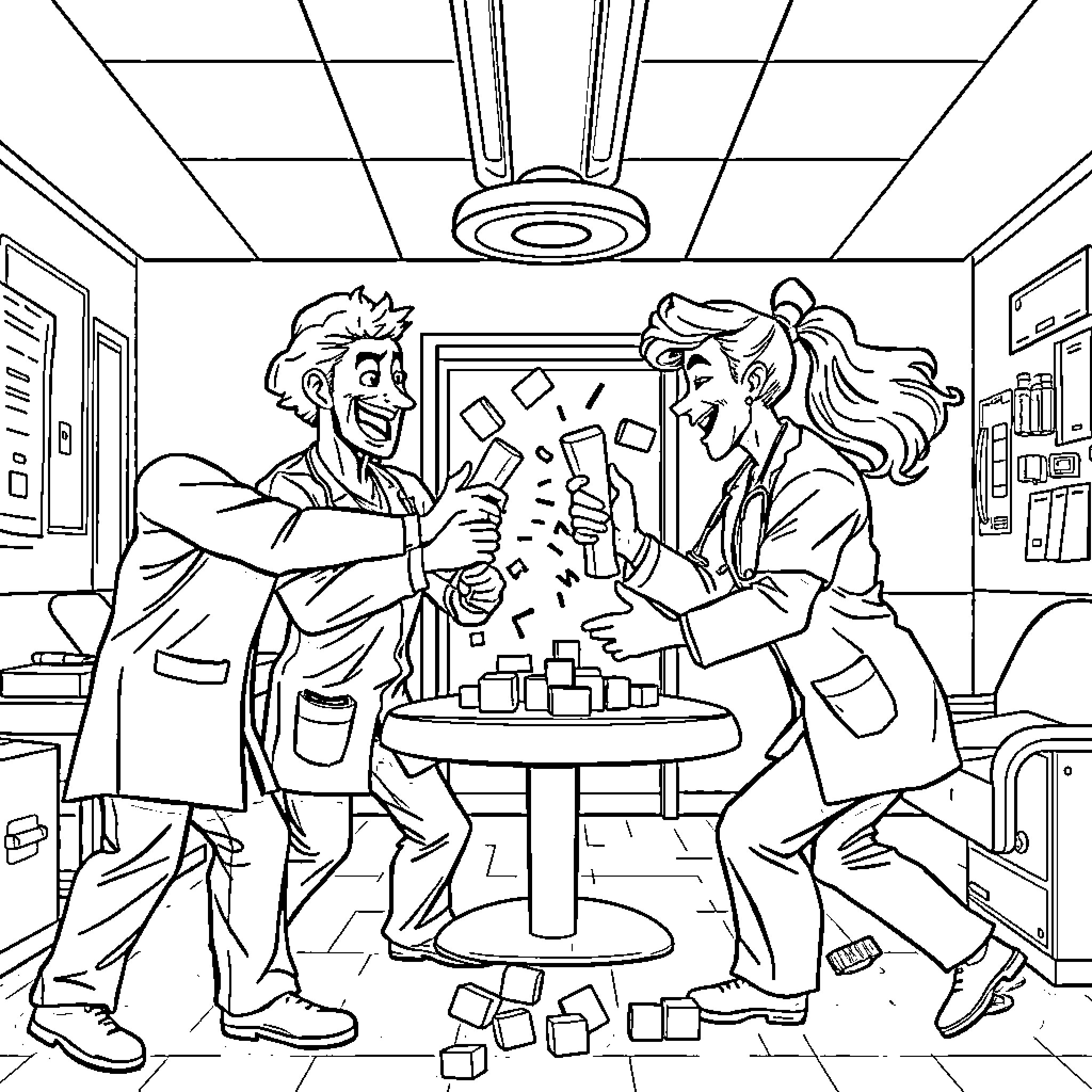 Doctor's Lively Interaction in the Clinic Coloring Page (free black-and-white line drawing printable PDF for all, from beginners to advanced learners, including children, teens, adults, and seniors)