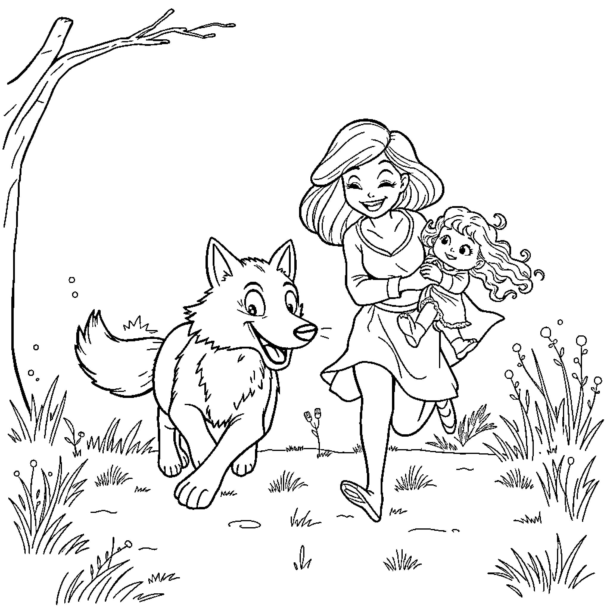 Wolf and girl exploring the outdoors Coloring Page (free black-and-white line drawing printable PDF for all, from beginners to advanced learners, including children, teens, adults, and seniors)