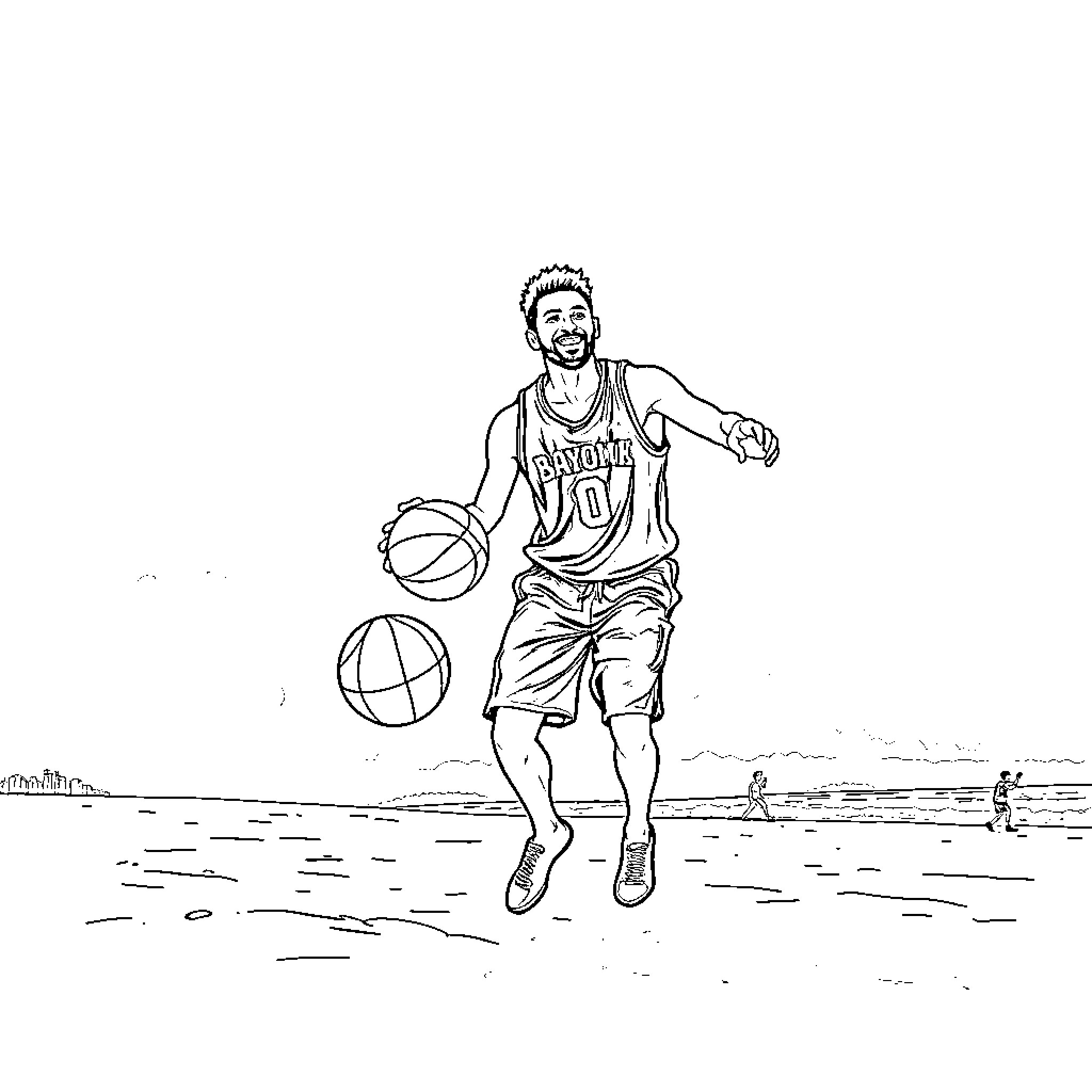 Bayman playing basketball on the beach Coloring Page (free black-and-white line drawing printable PDF for all, from beginners to advanced learners, including children, teens, adults, and seniors)