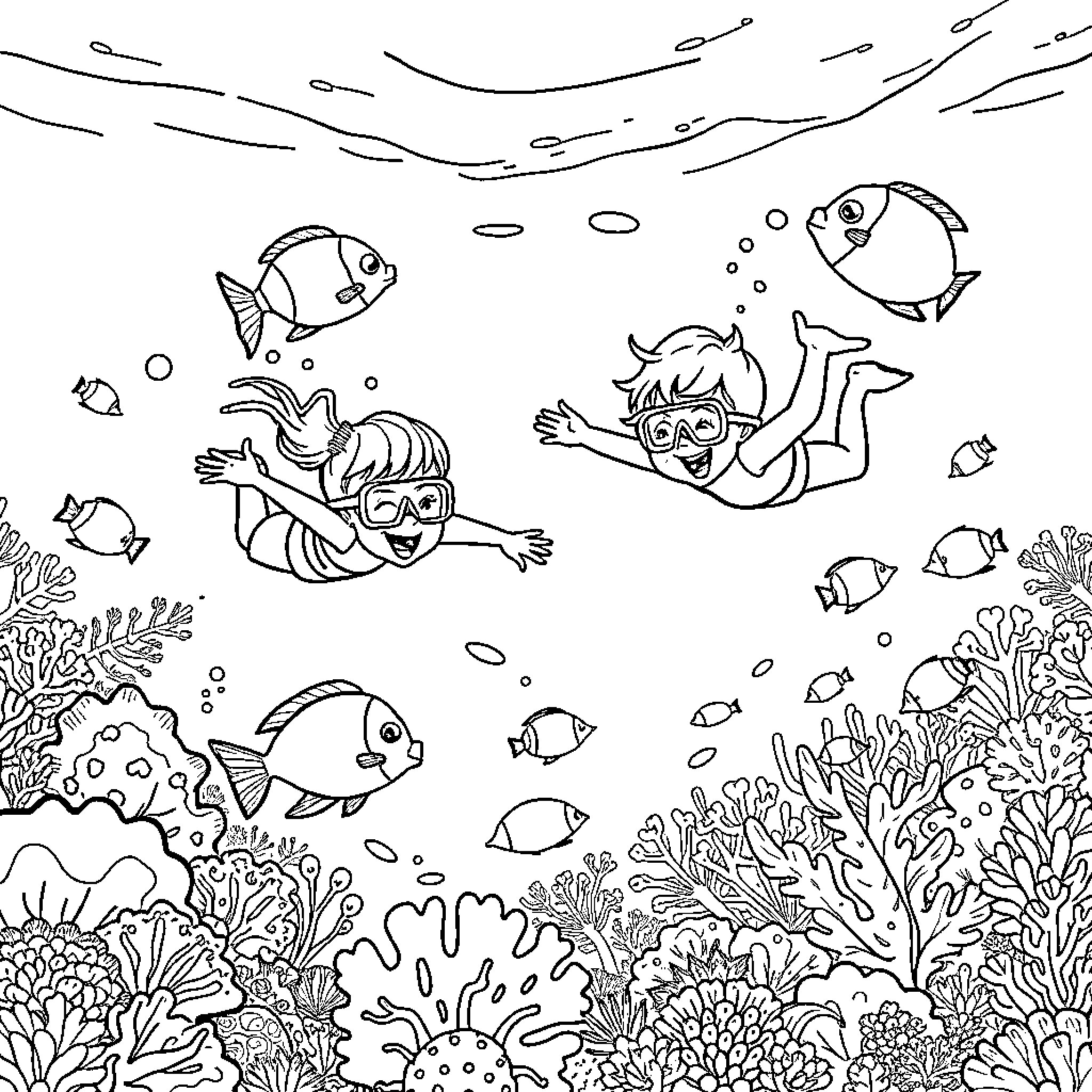 Child exploring underwater marine life Coloring Page (free black-and-white line drawing printable PDF for all, from beginners to advanced learners, including children, teens, adults, and seniors)