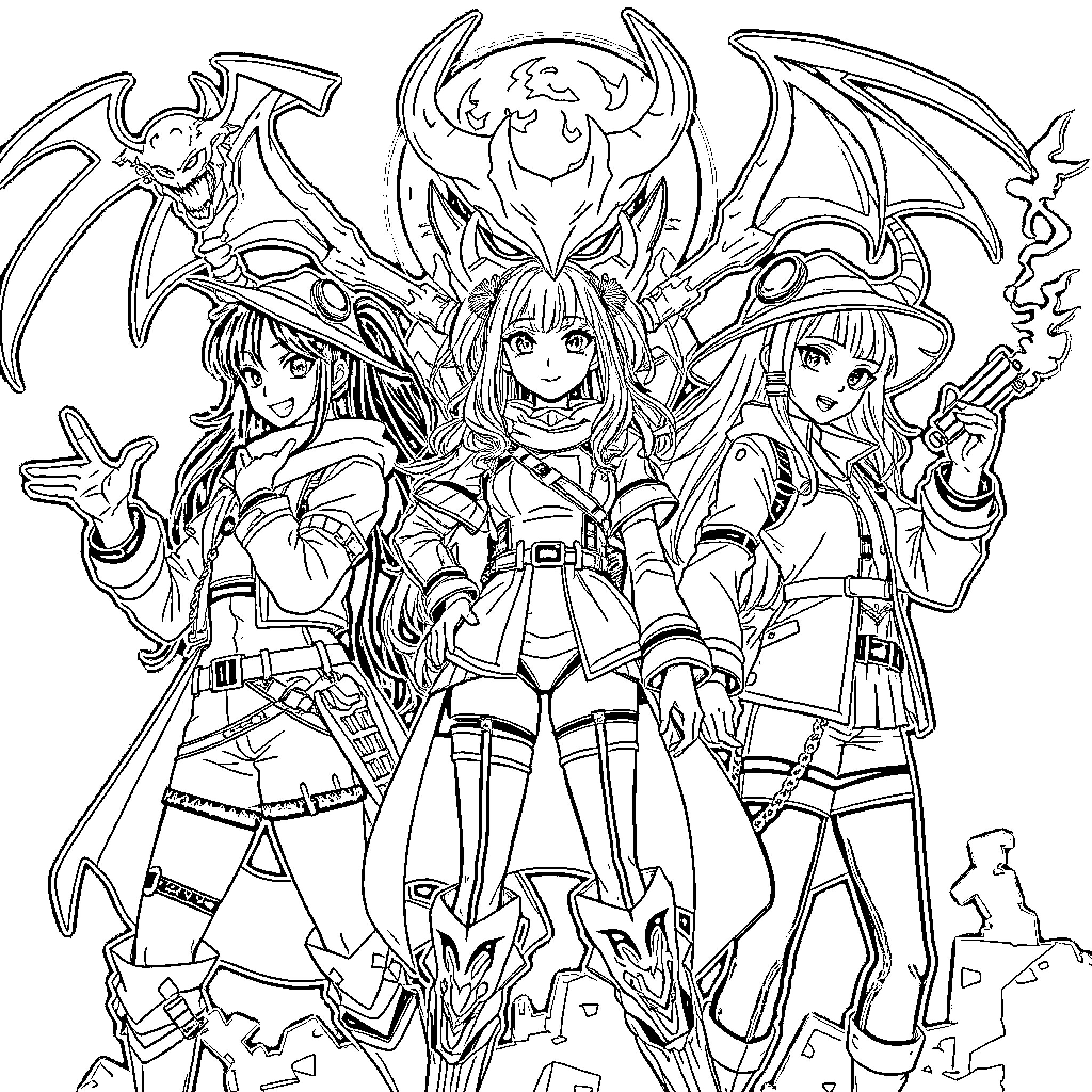 Demon Hunter Trio Battling Fearsome Creatures Coloring Page (free black-and-white line drawing printable PDF for all, from beginners to advanced learners, including children, teens, adults, and seniors)