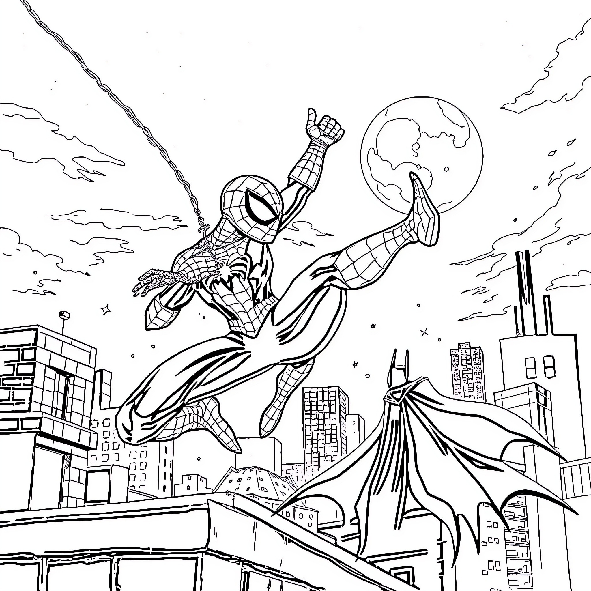 Spiderman swinging through the city skyline Coloring Page (free black-and-white line drawing printable PDF for all, from beginners to advanced learners, including children, teens, adults, and seniors)