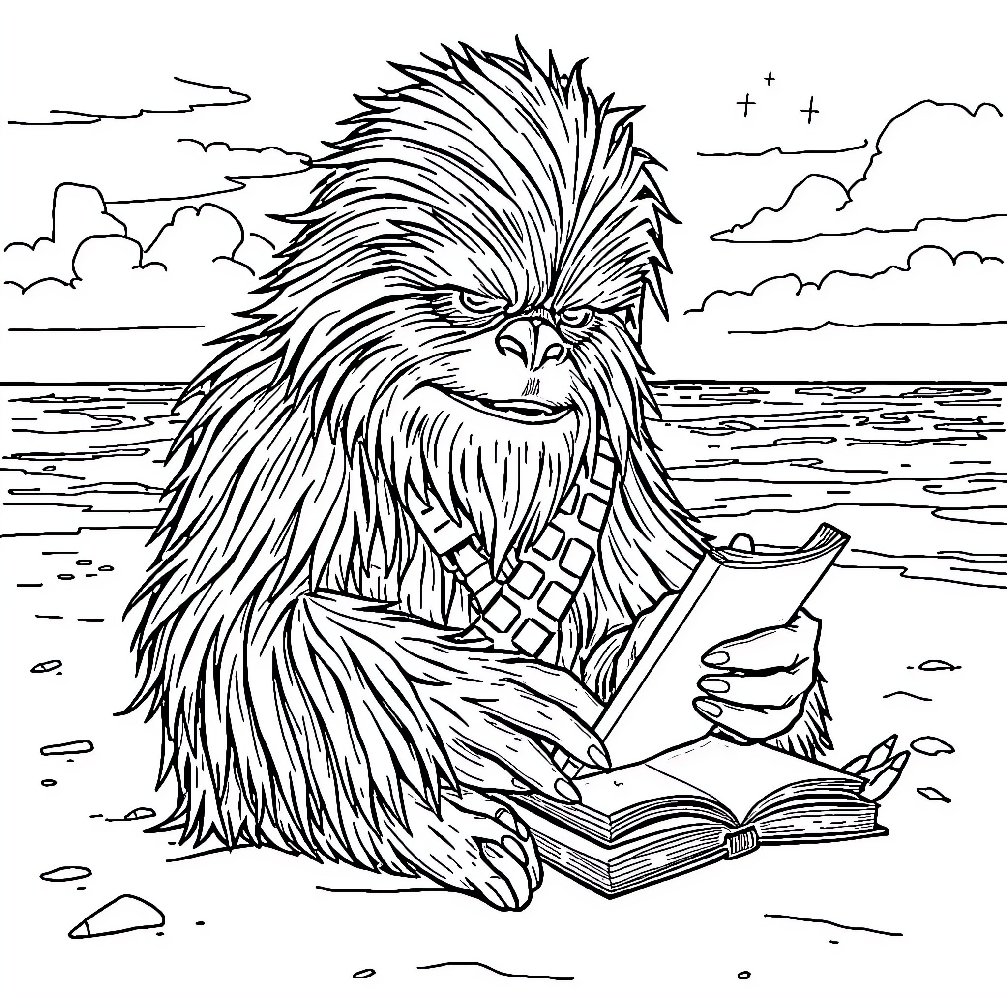 Chewbacca reading a book by the ocean Coloring Page (free black-and-white line drawing printable PDF for all, from beginners to advanced learners, including children, teens, adults, and seniors)