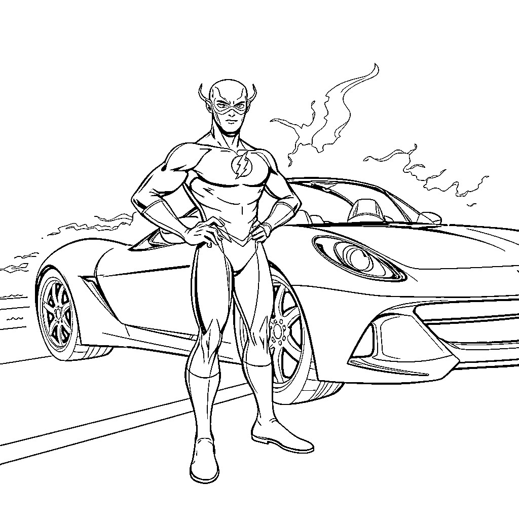 Flash Mac Queen Zooms Past in Flashy Supercar Coloring Page (free black-and-white line drawing printable PDF for all, from beginners to advanced learners, including children, teens, adults, and seniors)