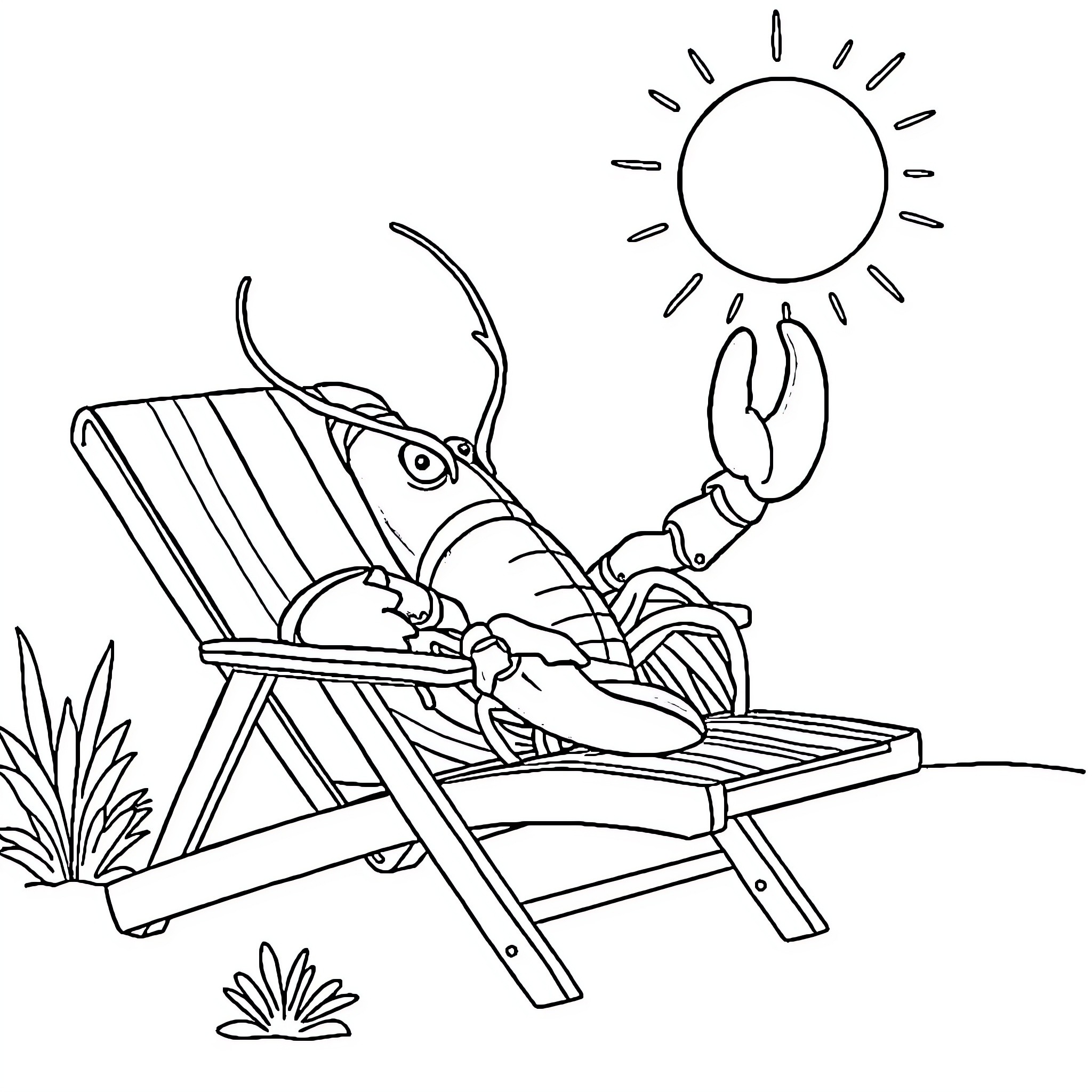 Lobster relaxing on beach chair under sun Coloring Page (free black-and-white line drawing printable PDF for all, from beginners to advanced learners, including children, teens, adults, and seniors)
