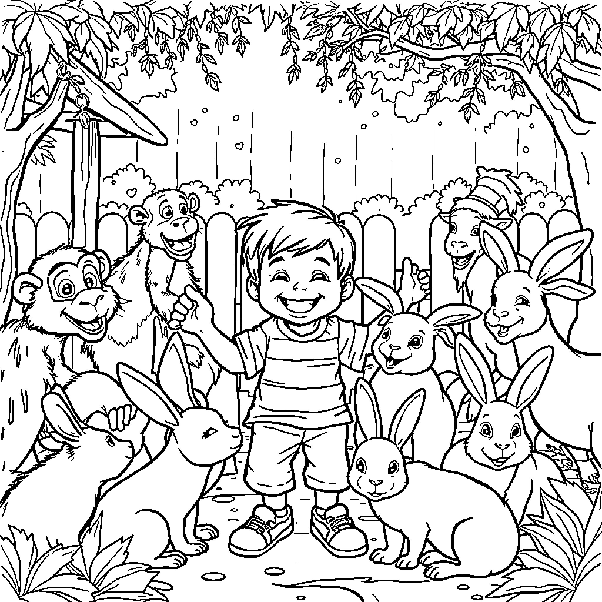 Boy enjoying nature with animal friends Coloring Page (free black-and-white line drawing printable PDF for all, from beginners to advanced learners, including children, teens, adults, and seniors)