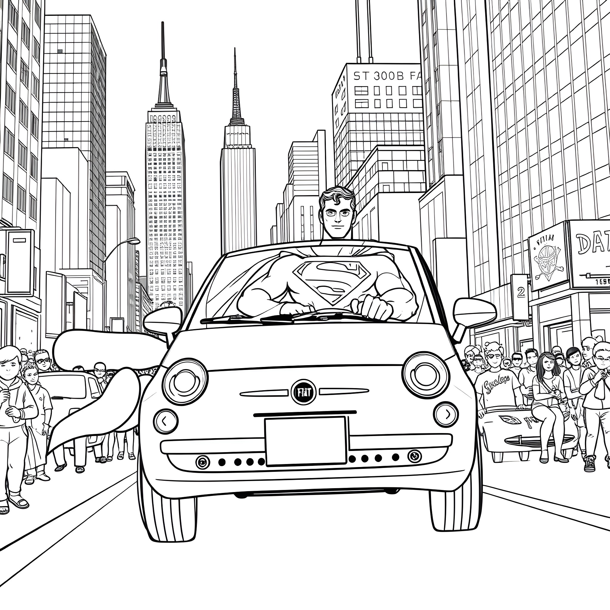 Superman saves the day in the city Coloring Page (free black-and-white line drawing printable PDF for all, from beginners to advanced learners, including children, teens, adults, and seniors)