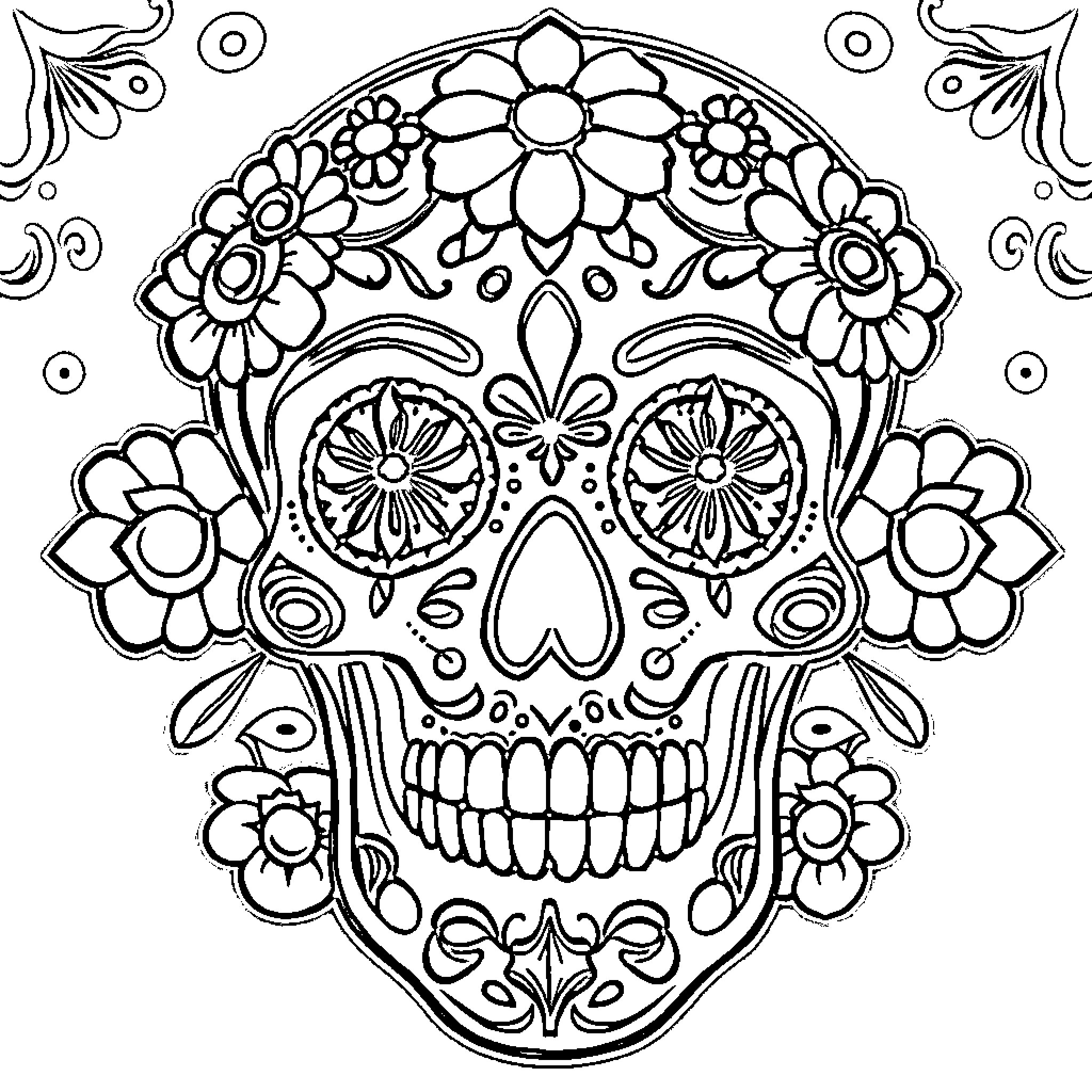 Sugar Skull with Intricate Floral Designs Coloring Page (free black-and-white line drawing printable PDF for all, from beginners to advanced learners, including children, teens, adults, and seniors)