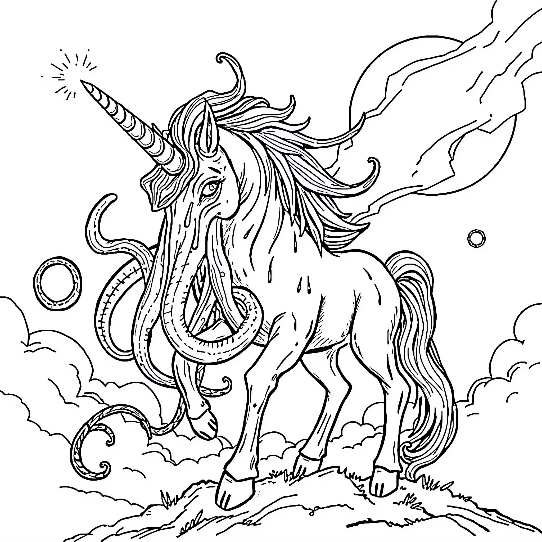 Cthulhu Unicorn Emerging from Cosmic Clouds Coloring Page (free black-and-white line drawing printable PDF for all, from beginners to advanced learners, including children, teens, adults, and seniors)