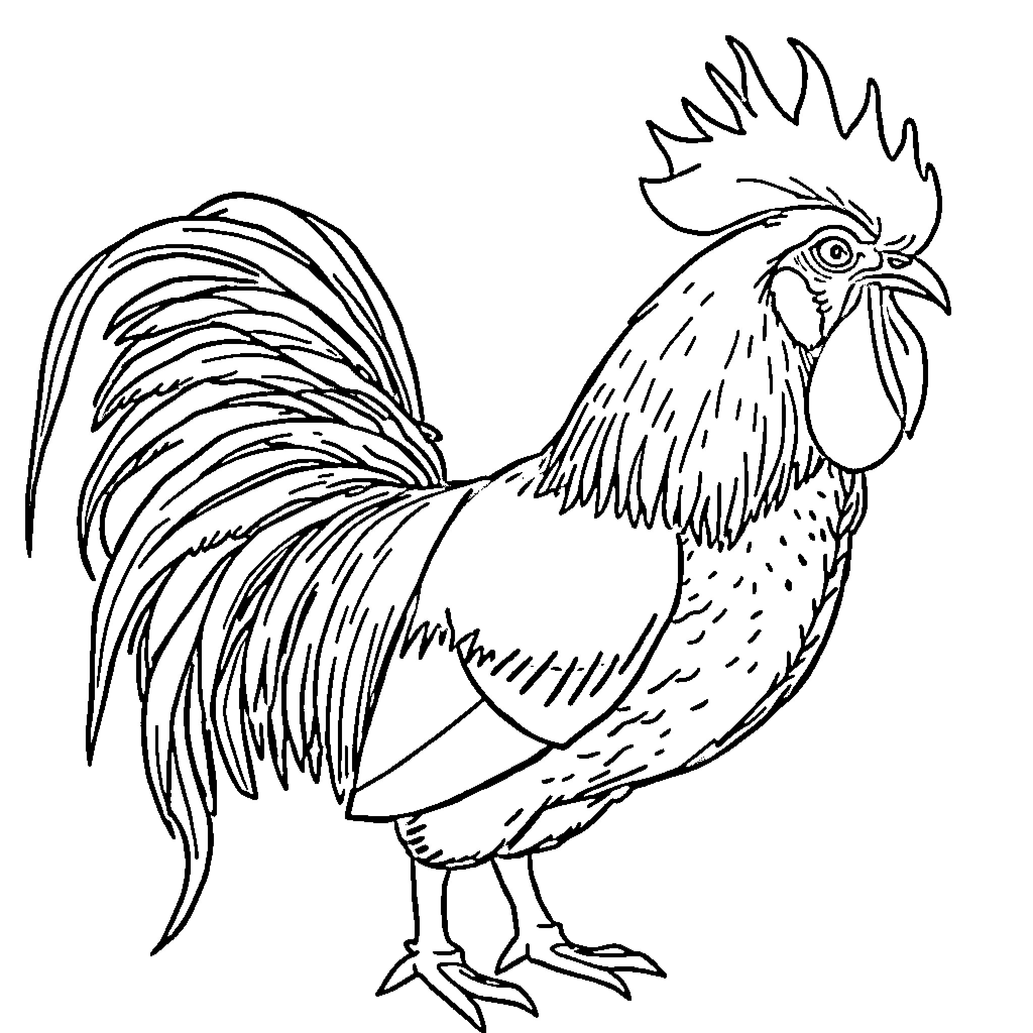 Galo the Rooster's Vibrant Plumage and Proud Stance Coloring Page (free black-and-white line drawing printable PDF for all, from beginners to advanced learners, including children, teens, adults, and seniors)