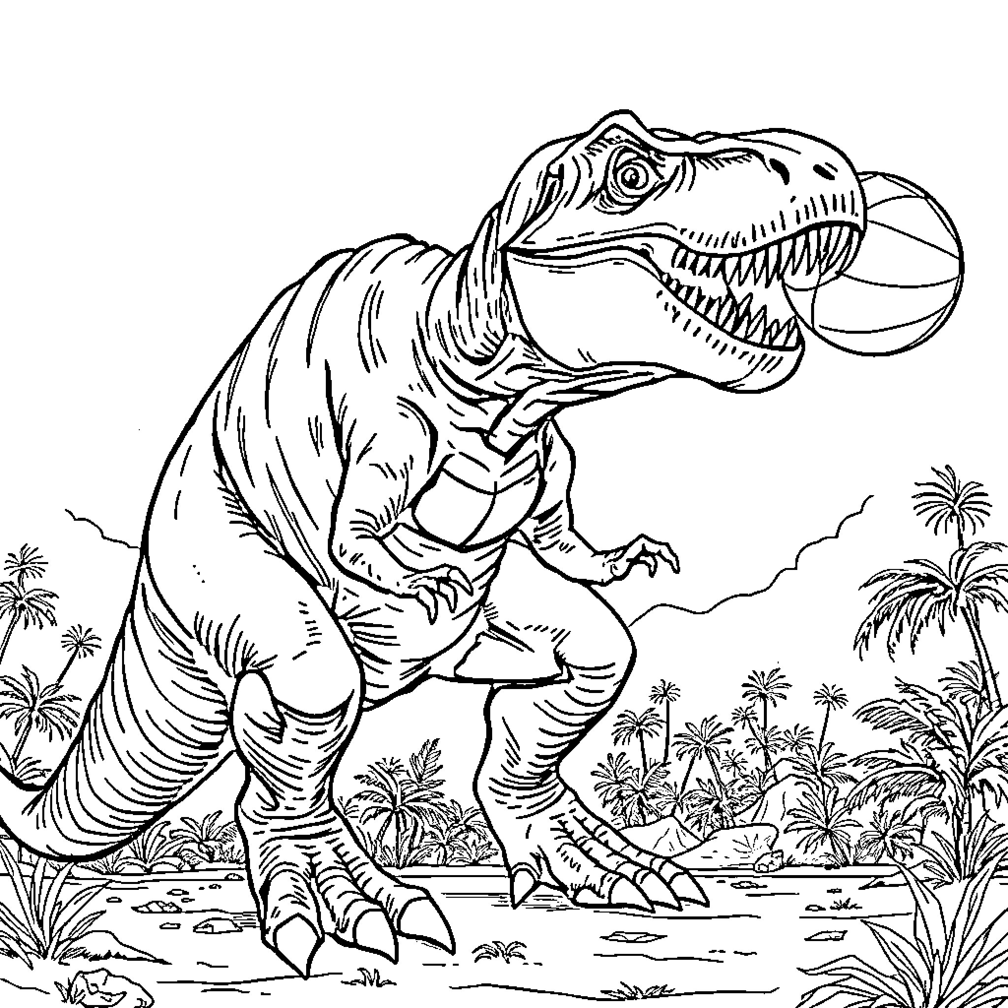T-Rex roaring in prehistoric jungle Coloring Page (free black-and-white line drawing printable PDF for all, from beginners to advanced learners, including children, teens, adults, and seniors)