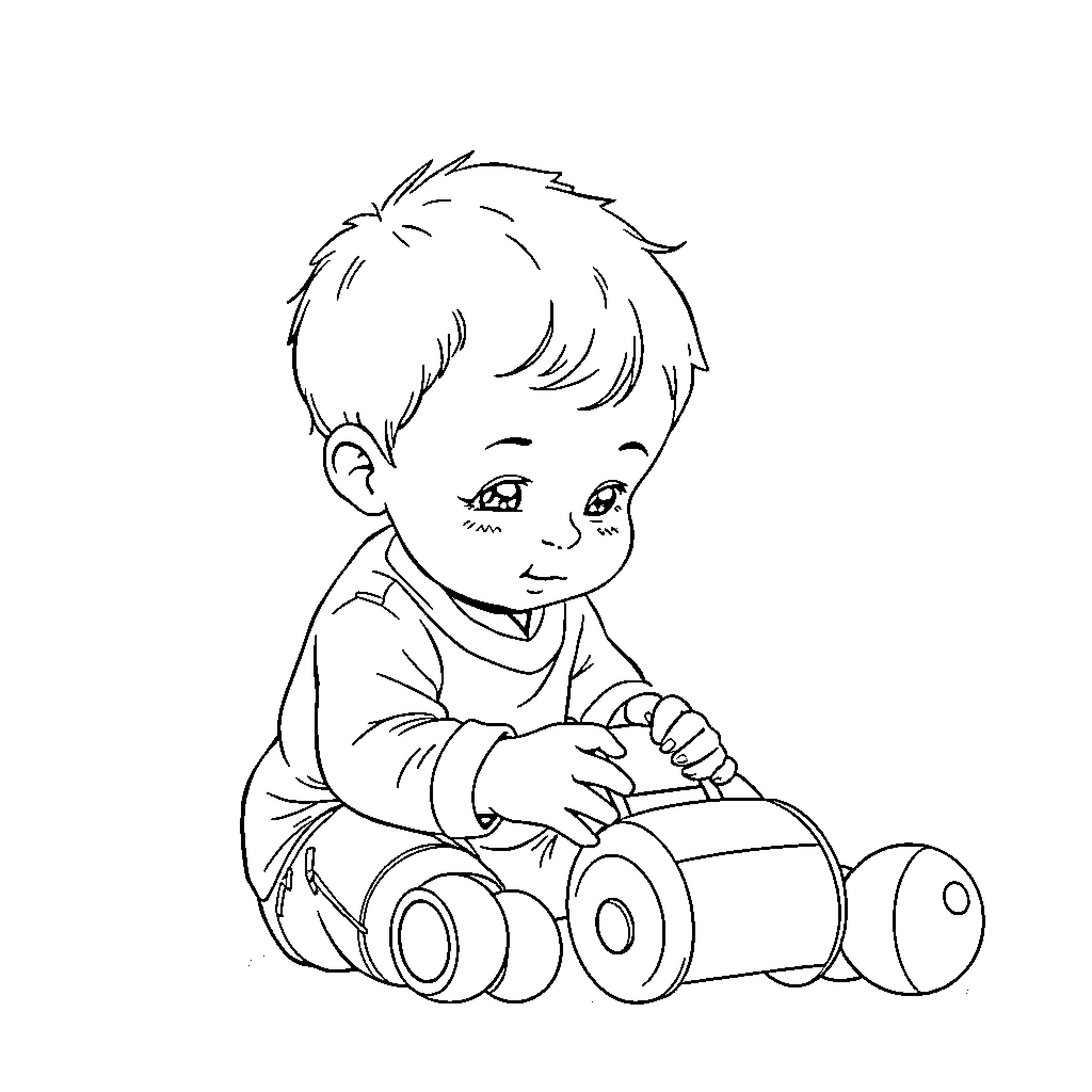 Little Boy Happily Playing with Toys Coloring Page (free black-and-white line drawing printable PDF for all, from beginners to advanced learners, including children, teens, adults, and seniors)