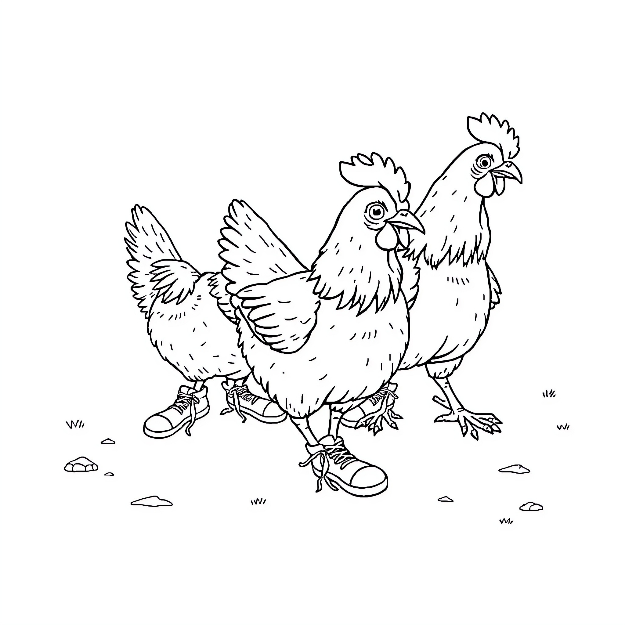 Chickens wearing stylish shoes in the yard Coloring Page (free black-and-white line drawing printable PDF for all, from beginners to advanced learners, including children, teens, adults, and seniors)