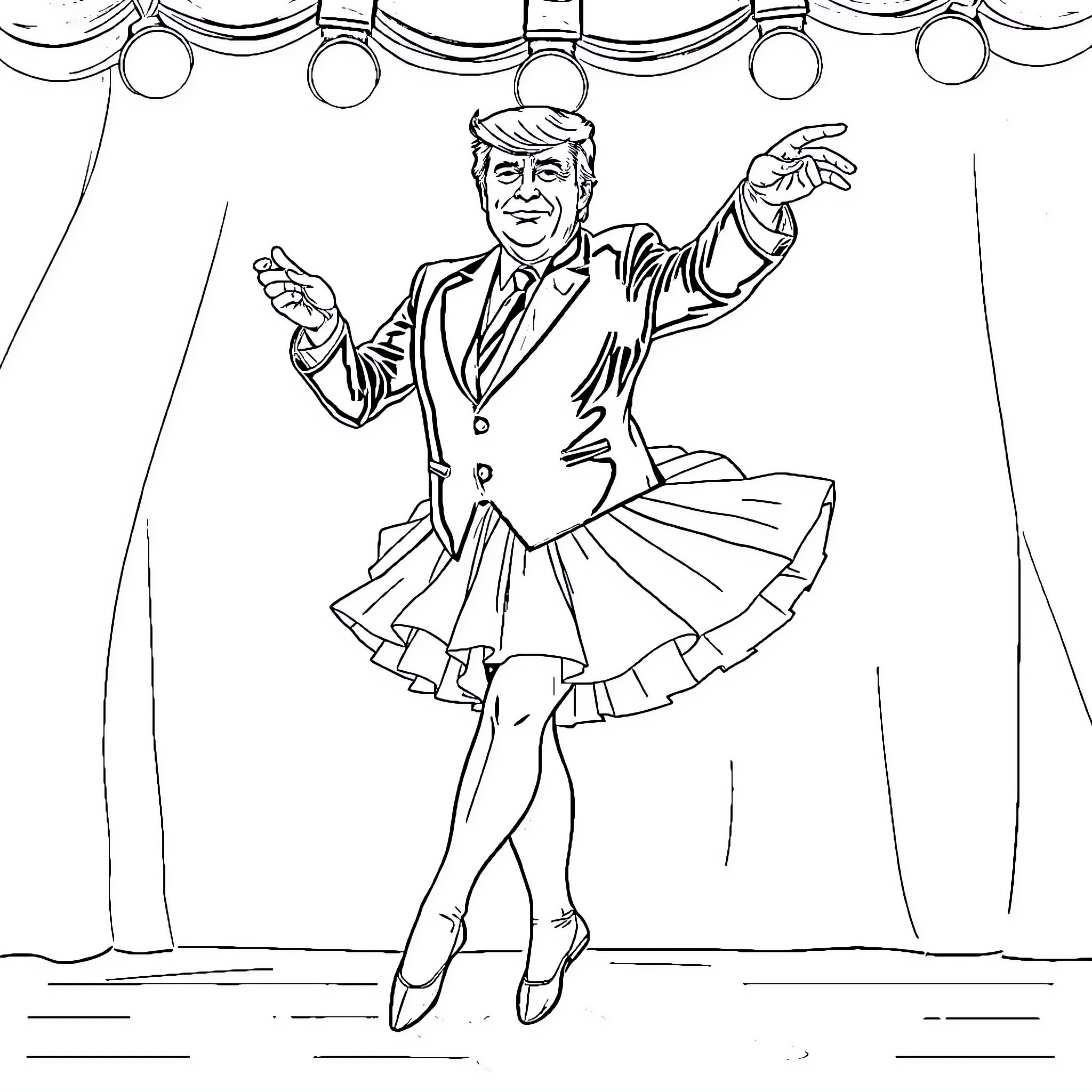Donald Trump performing on stage in formal attire Coloring Page (free black-and-white line drawing printable PDF for all, from beginners to advanced learners, including children, teens, adults, and seniors)