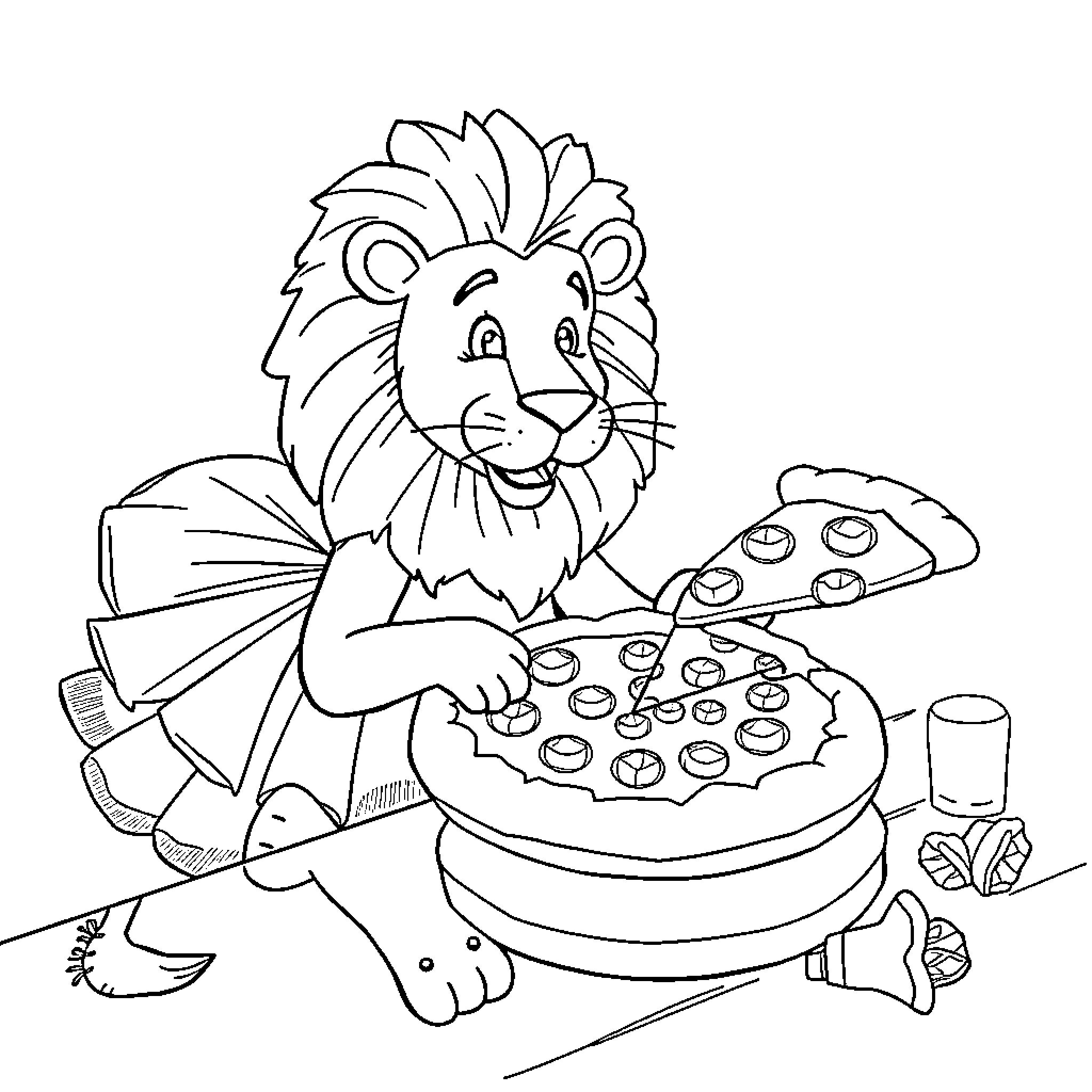 Lion cooking a tasty meal in the kitchen Coloring Page (free black-and-white line drawing printable PDF for all, from beginners to advanced learners, including children, teens, adults, and seniors)