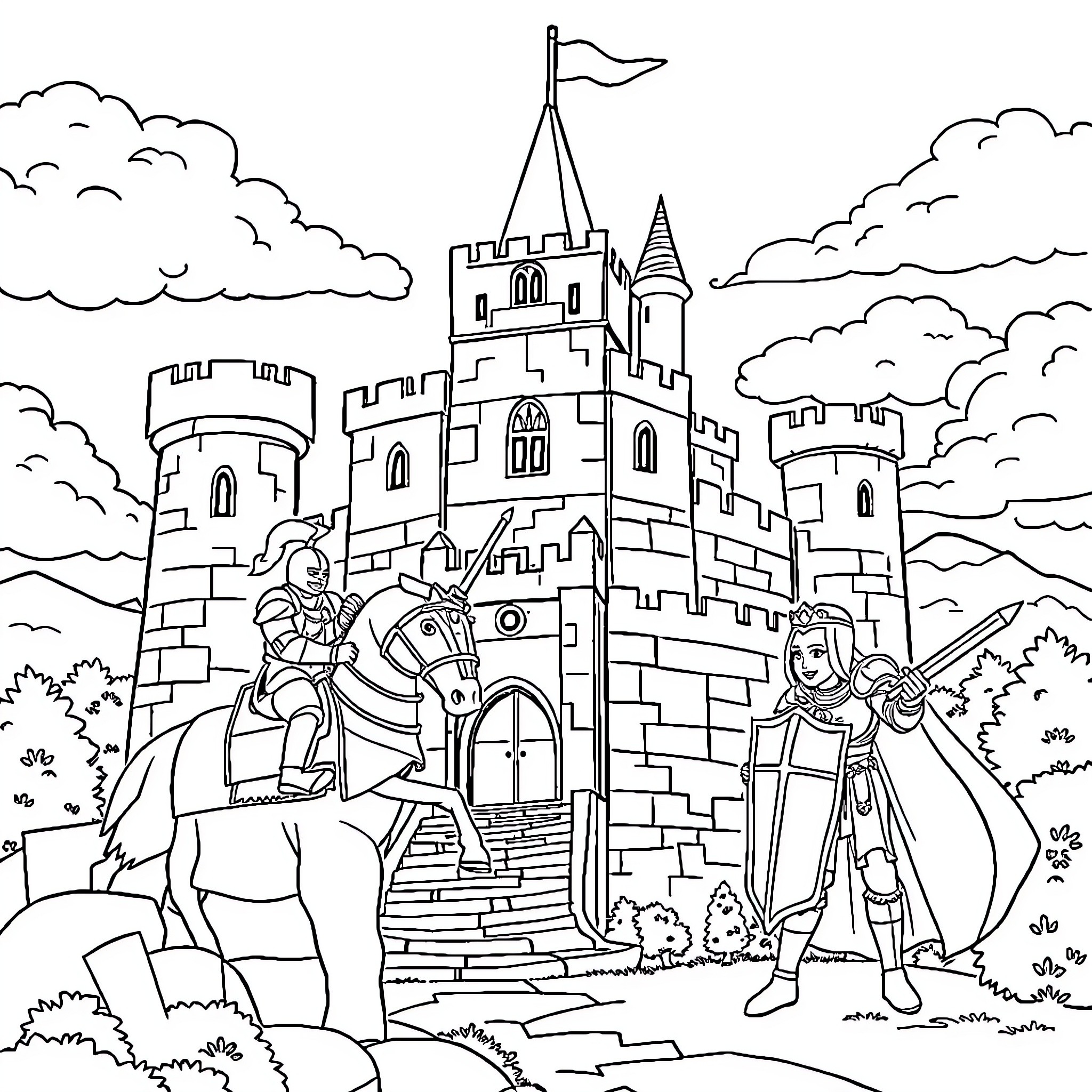 Castle with knights on horseback and guards Coloring Page (free black-and-white line drawing printable PDF for all, from beginners to advanced learners, including children, teens, adults, and seniors)