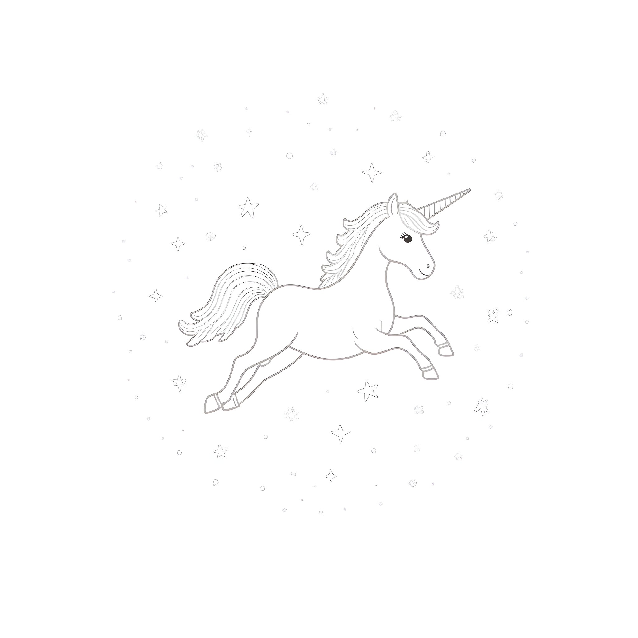 Unicorn prancing amidst twinkling stars Coloring Page (free black-and-white line drawing printable PDF for all, from beginners to advanced learners, including children, teens, adults, and seniors)