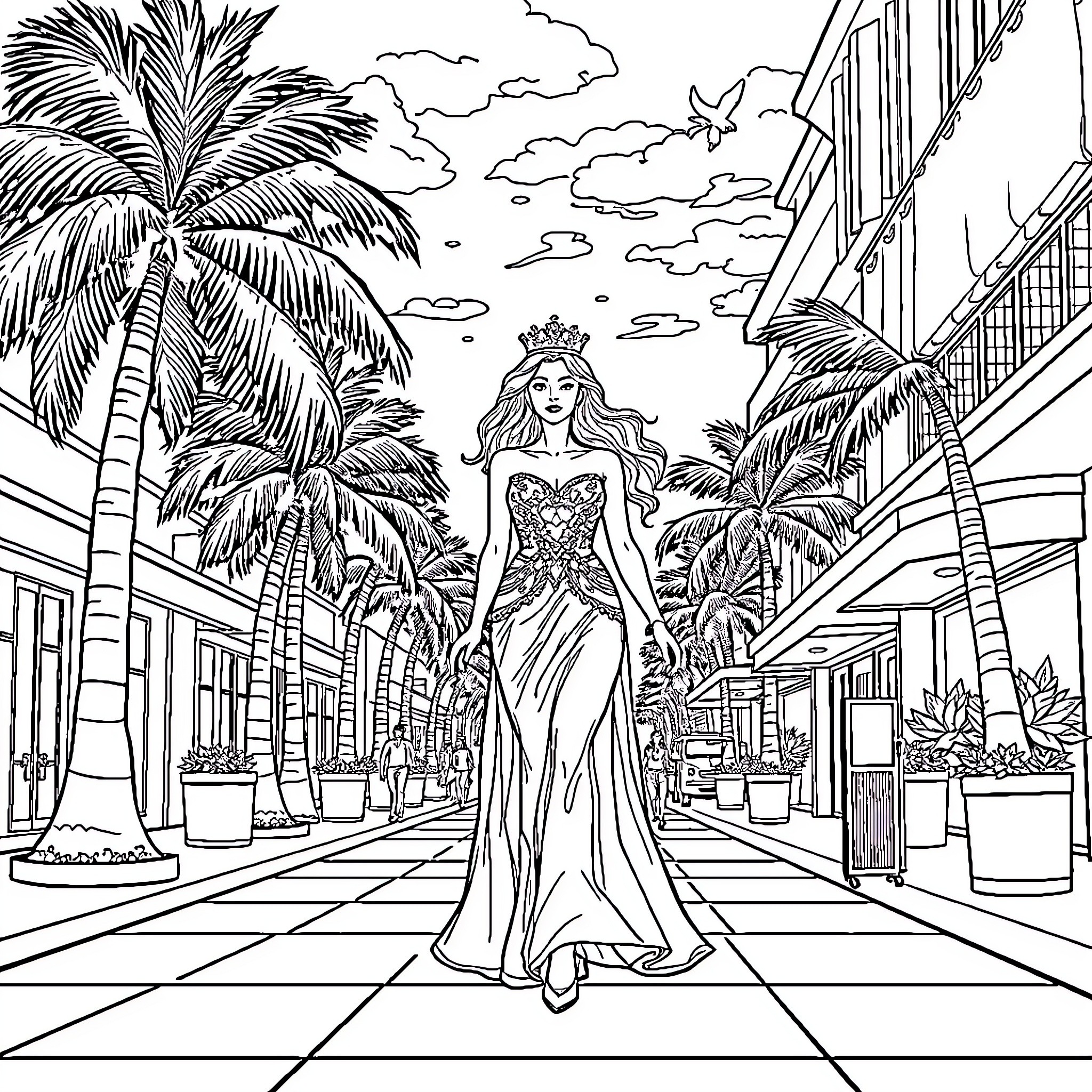Snow Queen in a Tropical Paradise Coloring Page (free black-and-white line drawing printable PDF for all, from beginners to advanced learners, including children, teens, adults, and seniors)