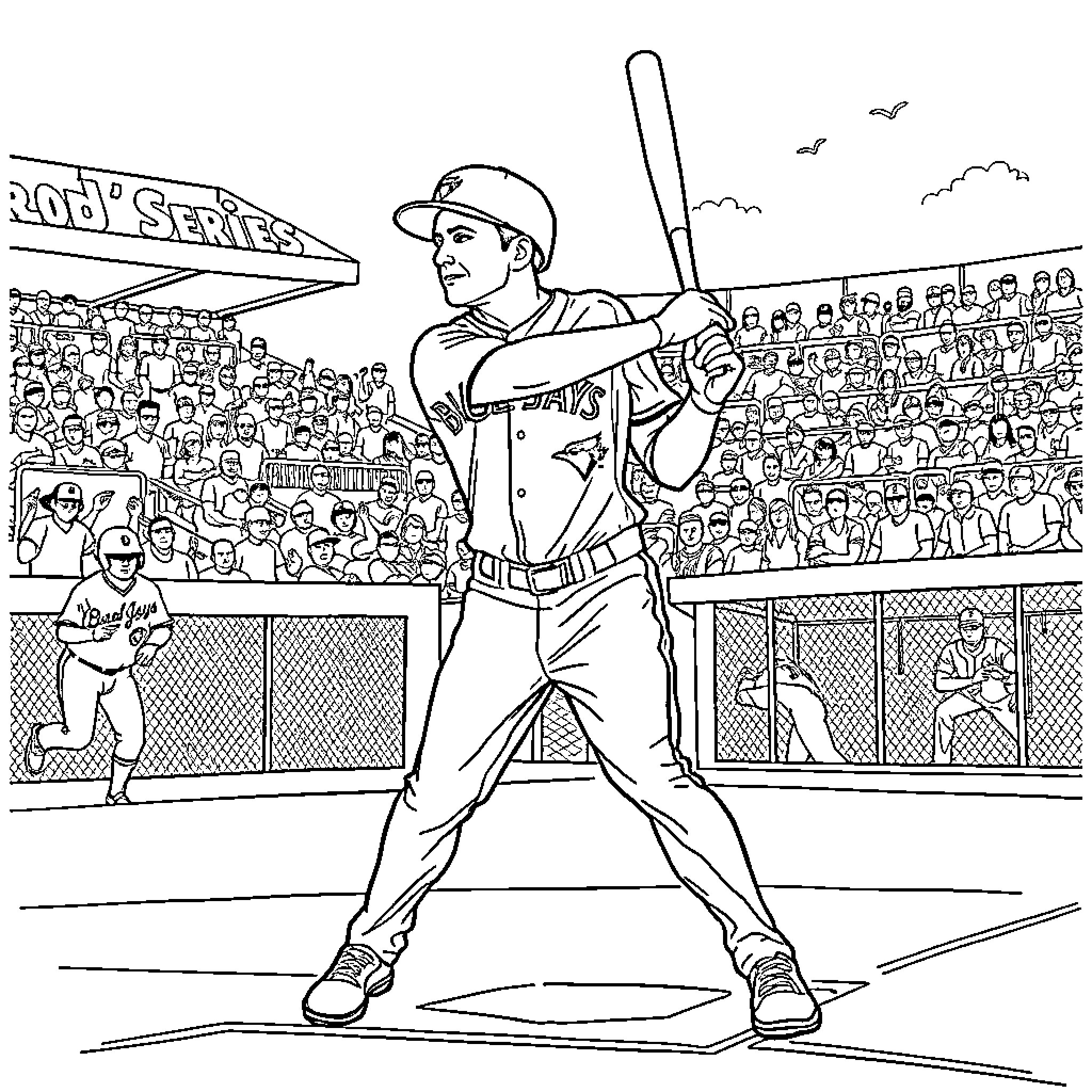 Blue Jay Baseball Player Batting at Home Plate Coloring Page (free black-and-white line drawing printable PDF for all, from beginners to advanced learners, including children, teens, adults, and seniors)