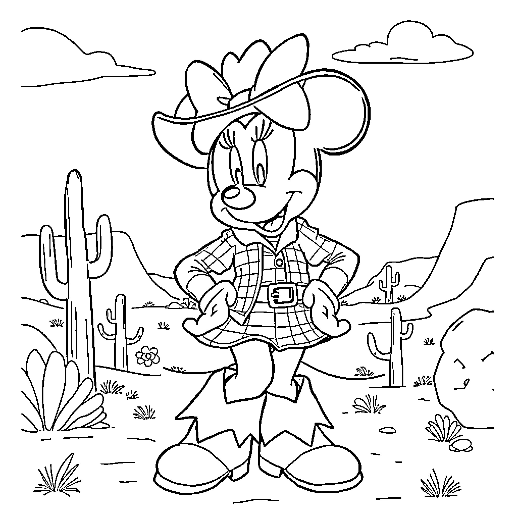 Minnie Mouse as a cowgirl in the desert landscape Coloring Page (free black-and-white line drawing printable PDF for all, from beginners to advanced learners, including children, teens, adults, and seniors)