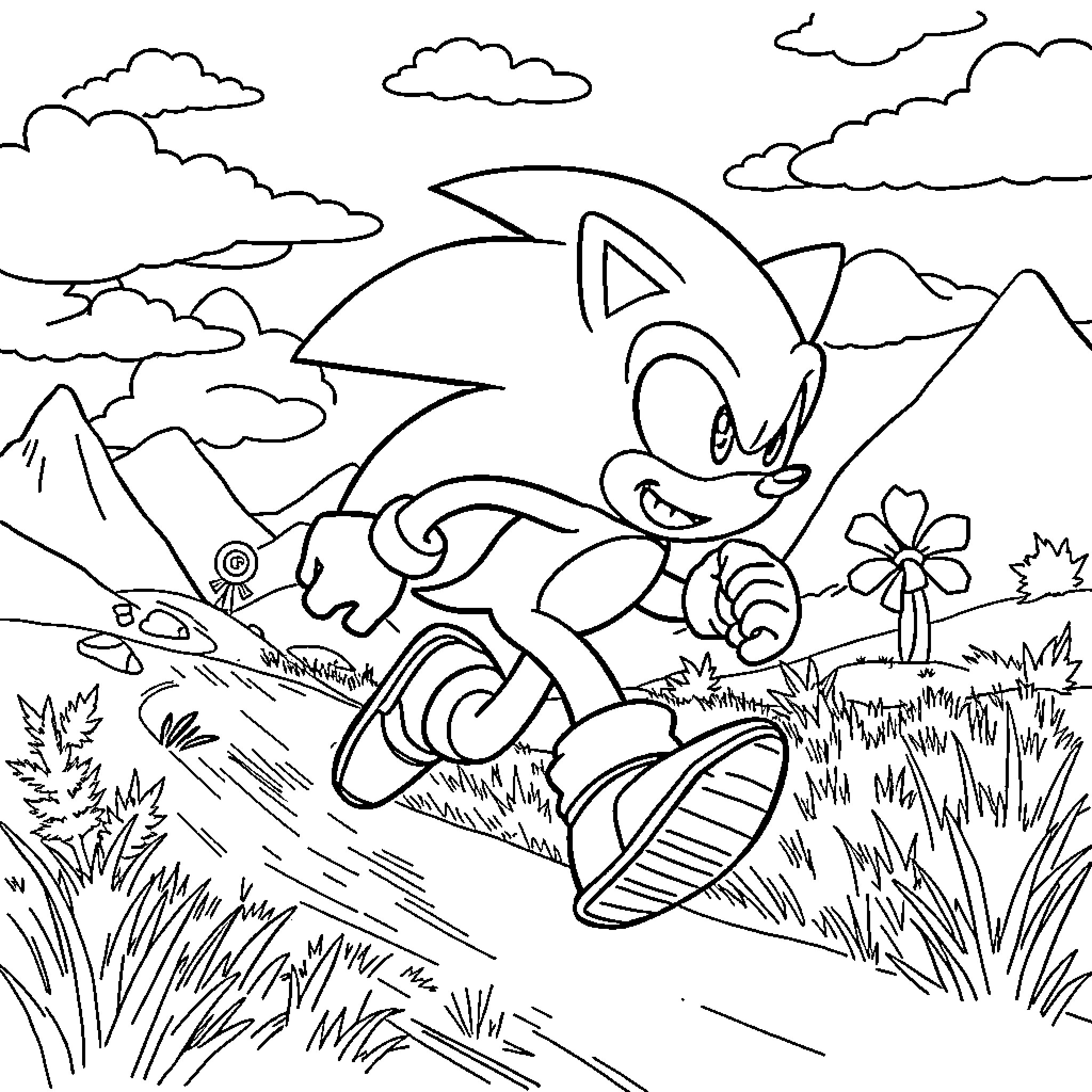 Sonic running through scenic mountain landscape Coloring Page (free black-and-white line drawing printable PDF for all, from beginners to advanced learners, including children, teens, adults, and seniors)