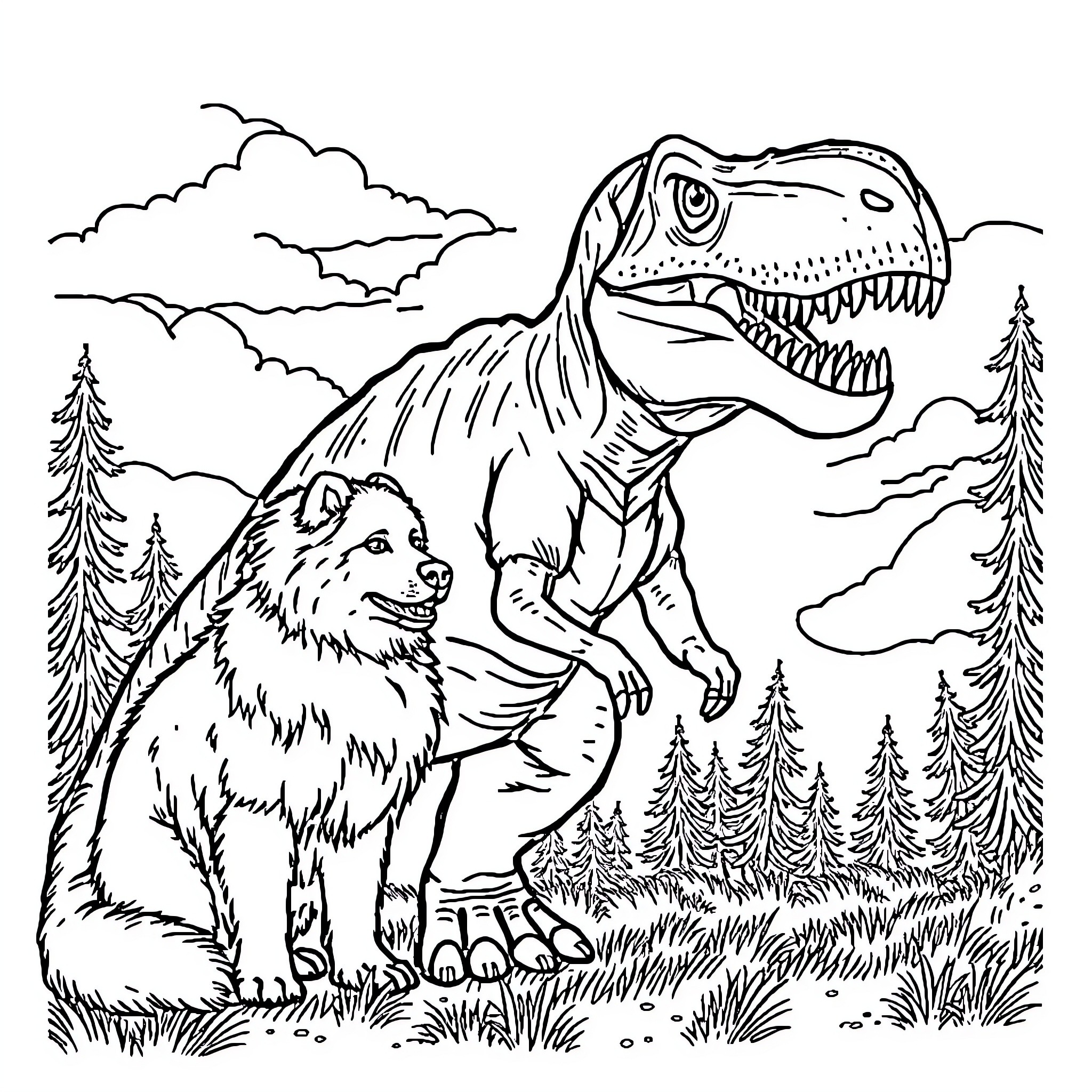 Dinosaur and Wolf Encounter in the Wild Coloring Page (free black-and-white line drawing printable PDF for all, from beginners to advanced learners, including children, teens, adults, and seniors)