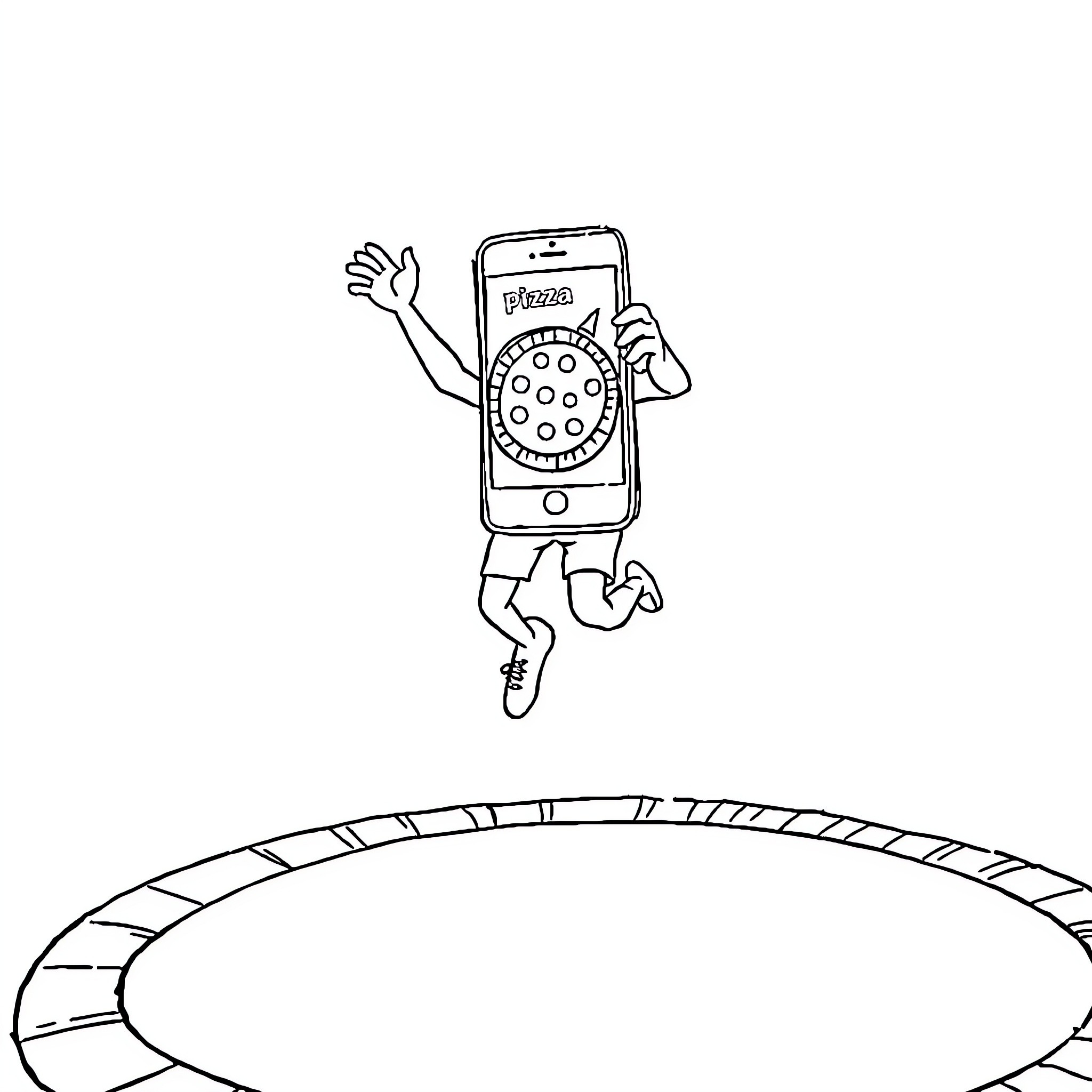 Pizza Phone Bouncing on Trampoline Coloring Page (free black-and-white line drawing printable PDF for all, from beginners to advanced learners, including children, teens, adults, and seniors)