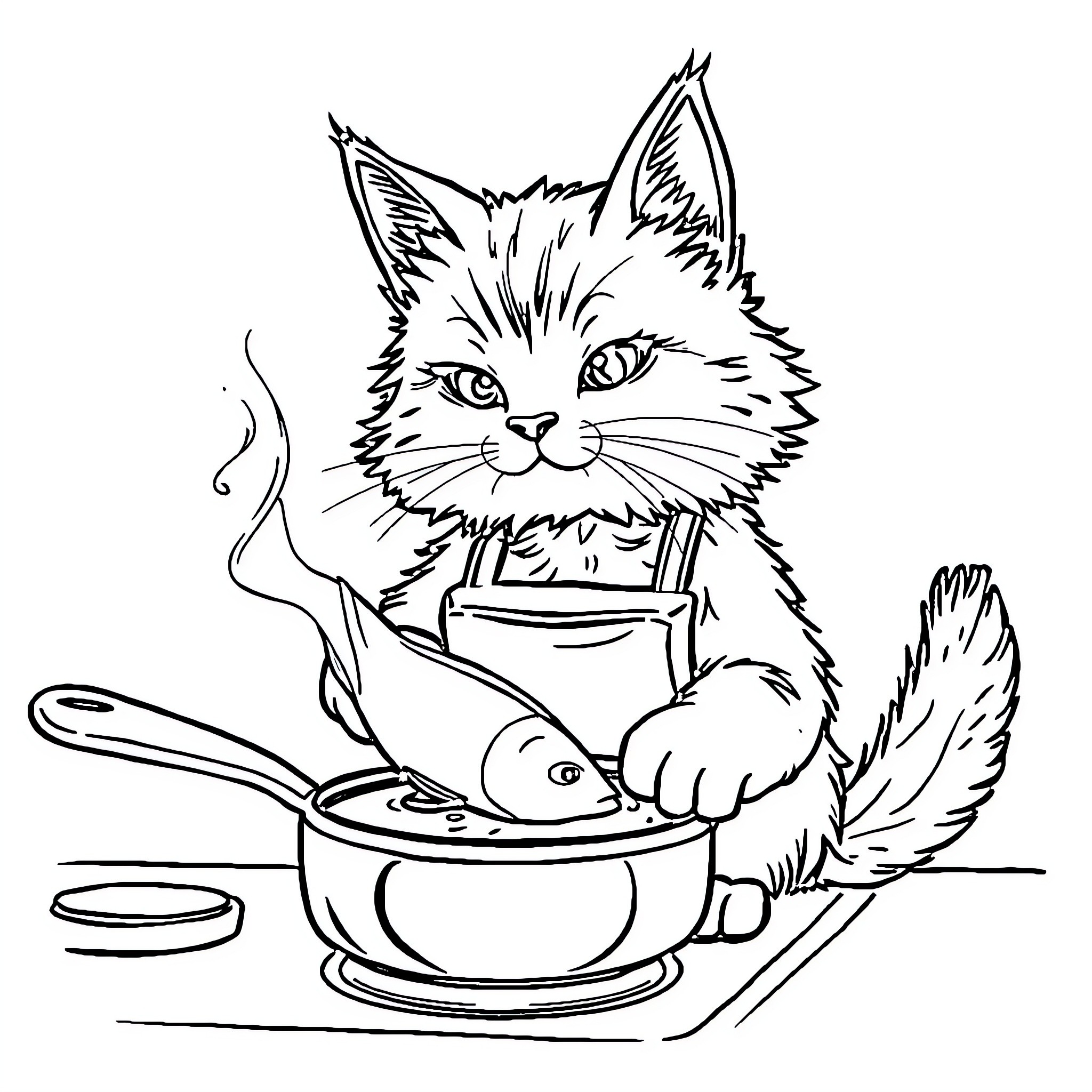 Cat cooking a delicious meal in the kitchen Coloring Page (free black-and-white line drawing printable PDF for all, from beginners to advanced learners, including children, teens, adults, and seniors)