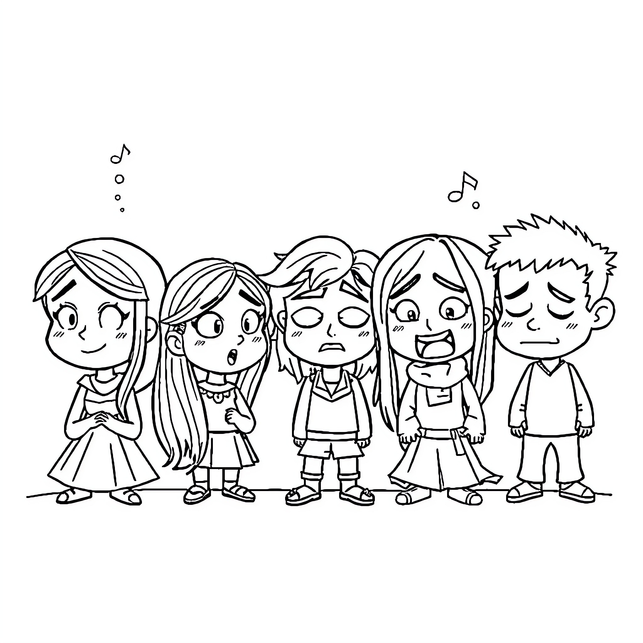 Inside Out Characters Expressing Various Emotions Coloring Page (free black-and-white line drawing printable PDF for all, from beginners to advanced learners, including children, teens, adults, and seniors)