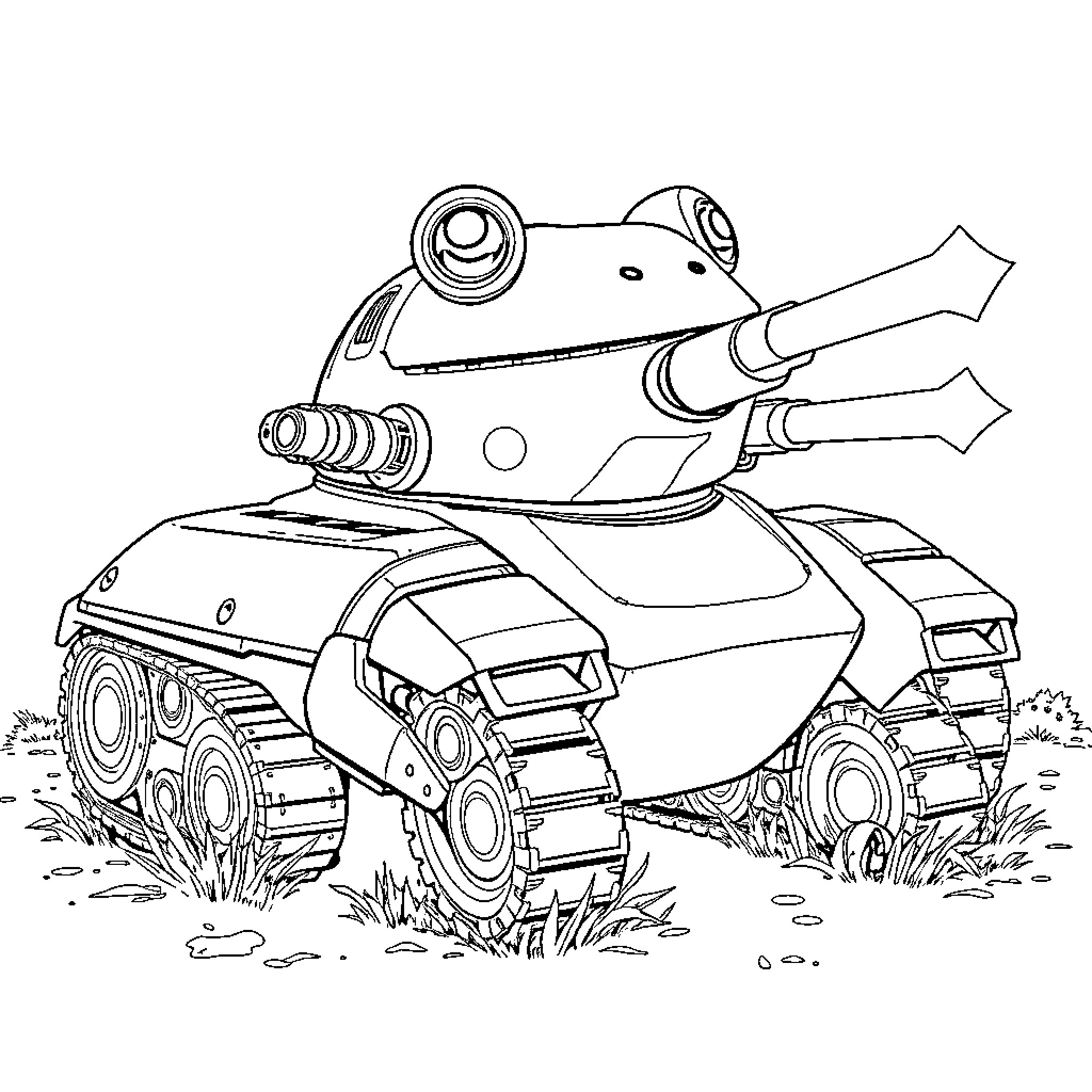 Tank Frog preparing for battle on the battlefield Coloring Page (free black-and-white line drawing printable PDF for all, from beginners to advanced learners, including children, teens, adults, and seniors)