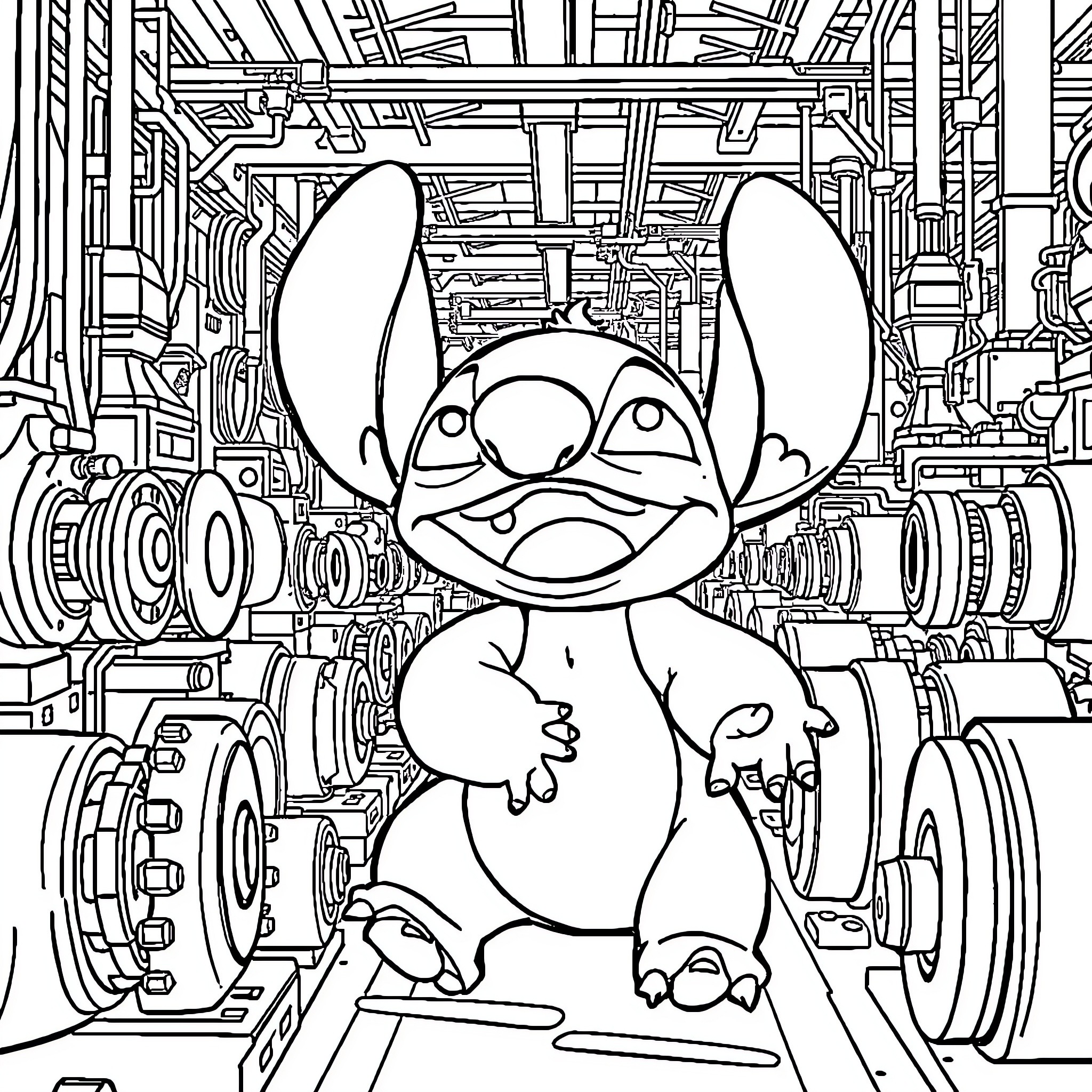 Stitch exploring a mechanical wonderland Coloring Page (free black-and-white line drawing printable PDF for all, from beginners to advanced learners, including children, teens, adults, and seniors)